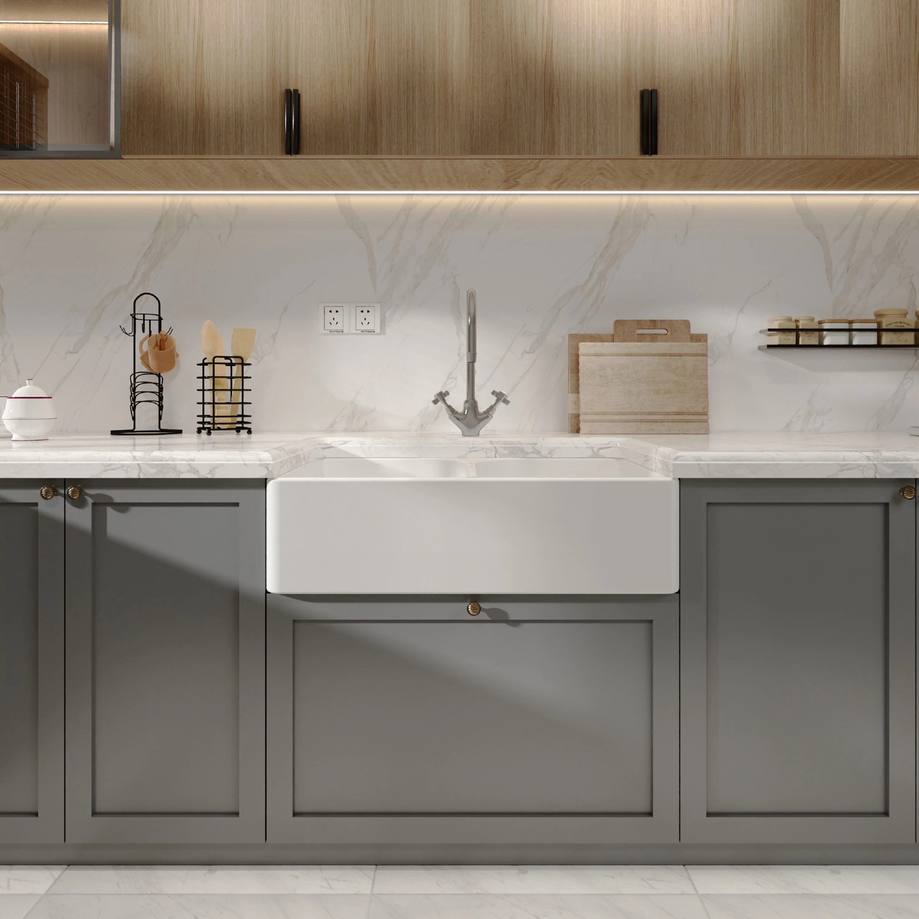 Double Bowl Fireclay Ceramic Butler Kitchen Sink with Full Weir - 795mm - Choice of Colour - Image 3