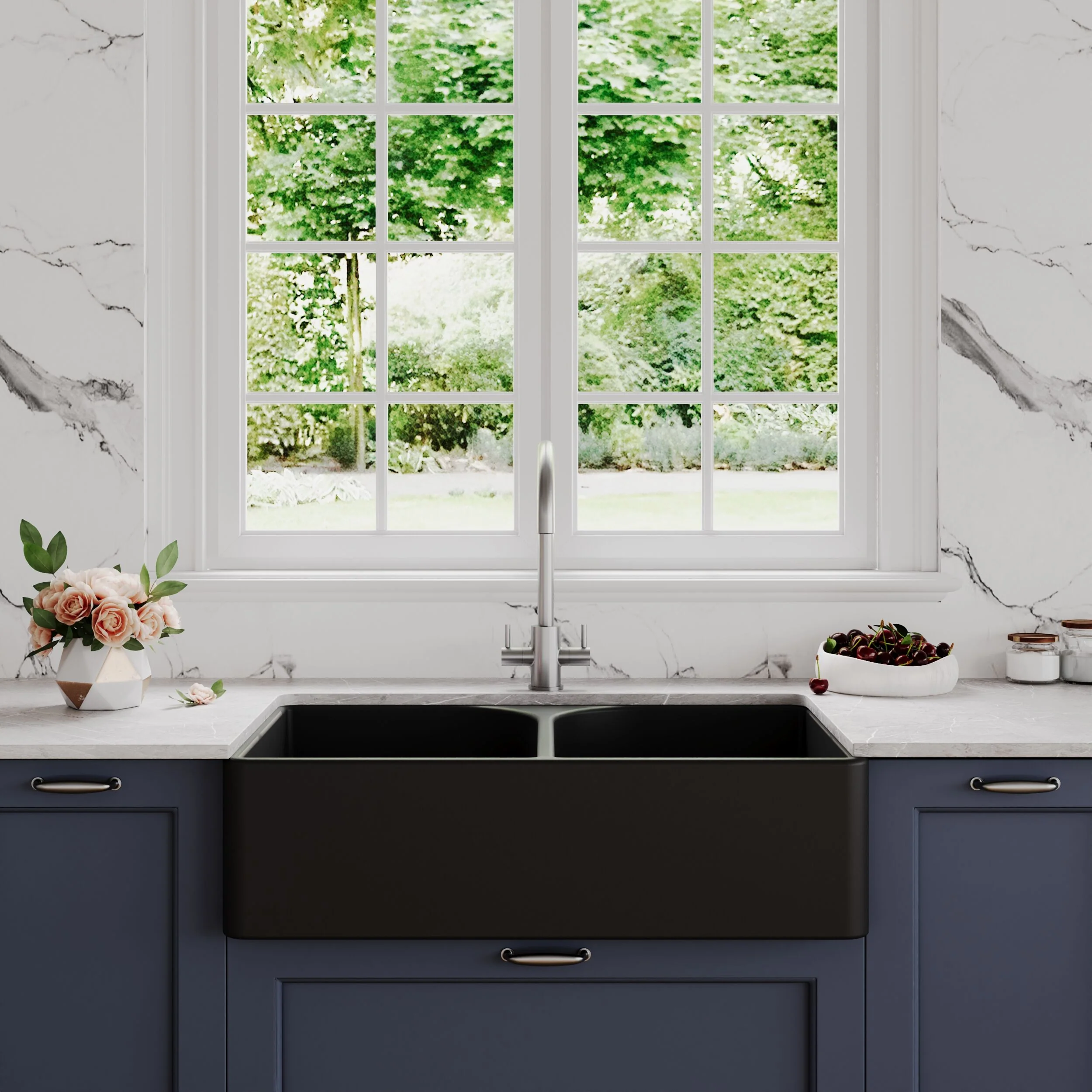 Double Bowl Fireclay Ceramic Butler Kitchen Sink with Full Weir - 795mm - Choice of Colour - Image 4