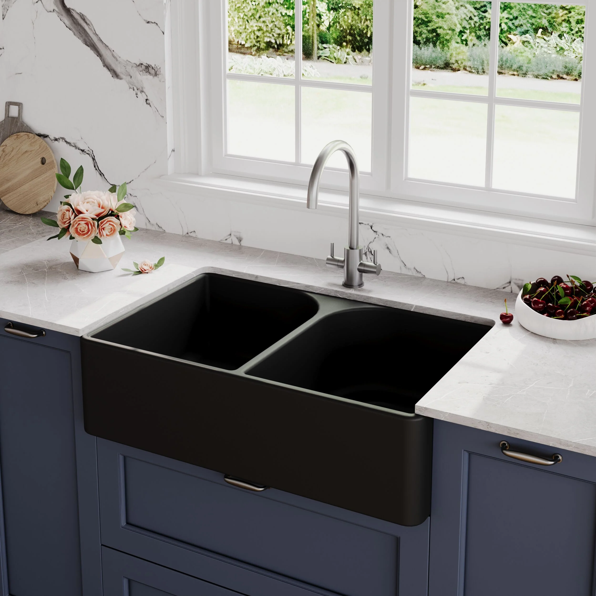 Double Bowl Fireclay Ceramic Butler Kitchen Sink with Full Weir - 795mm - Choice of Colour - Image 6