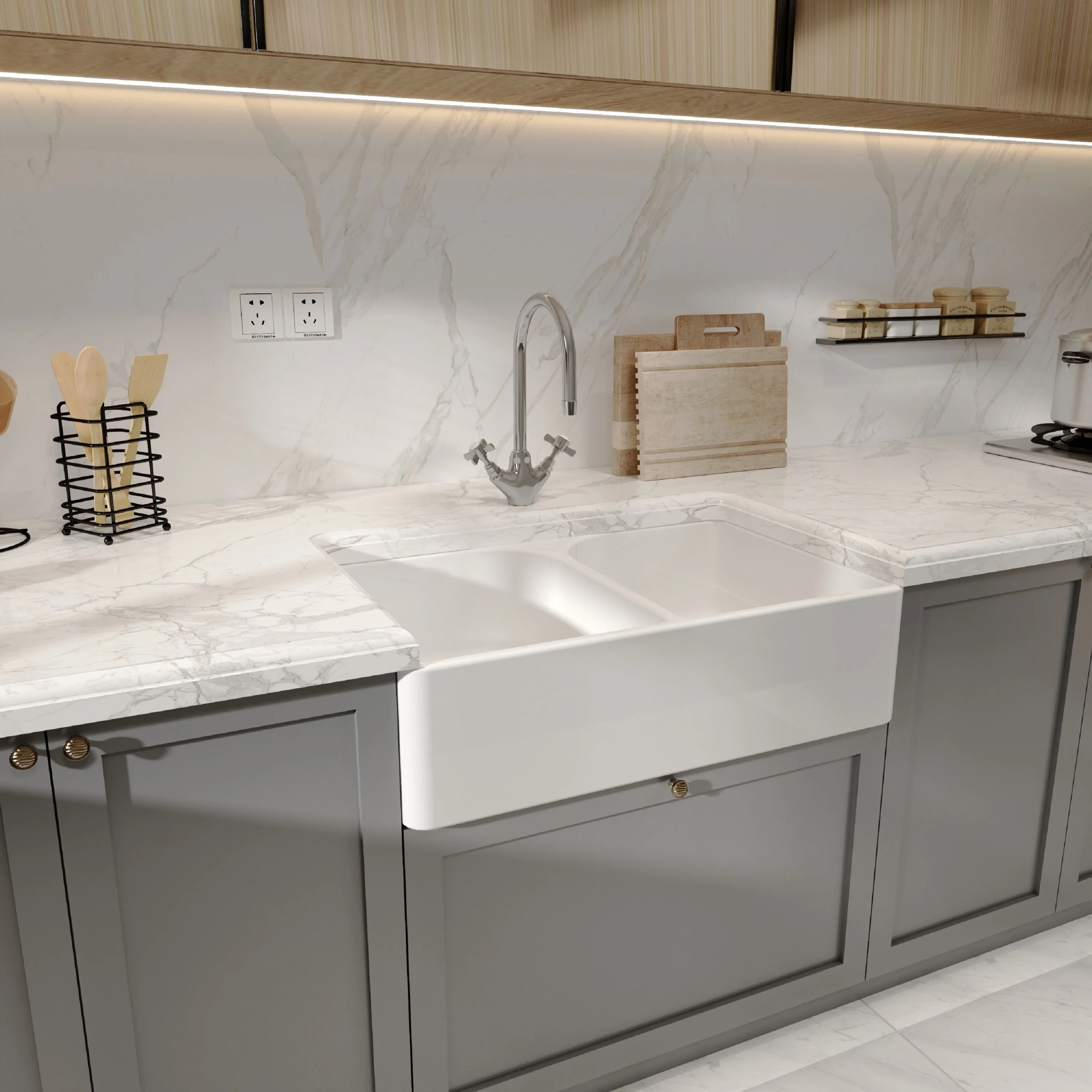 Double Bowl Fireclay Ceramic Butler Kitchen Sink with Full Weir - 795mm - Choice of Colour - Image 7