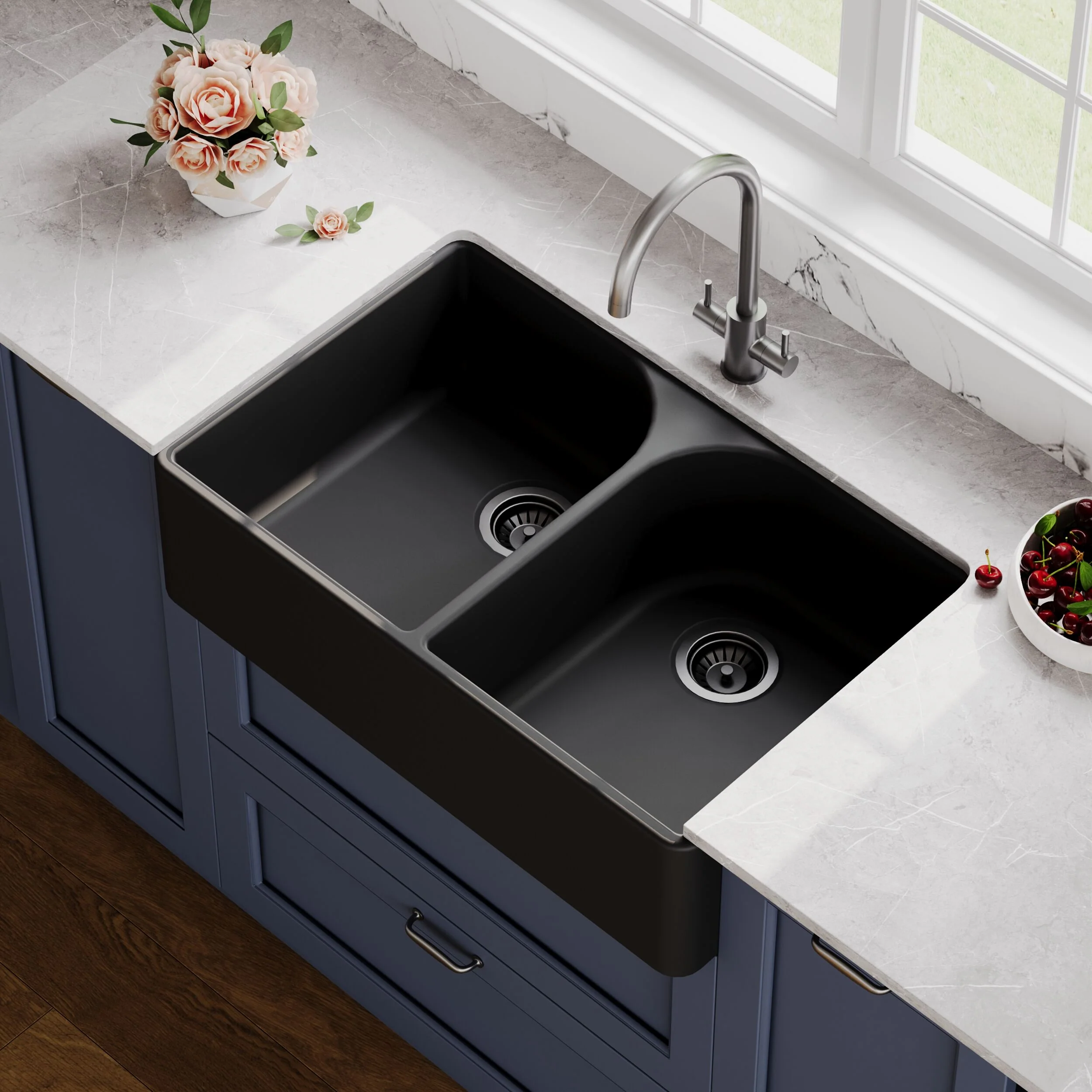 Double Bowl Fireclay Ceramic Butler Kitchen Sink with Full Weir - 795mm - Choice of Colour - Image 8