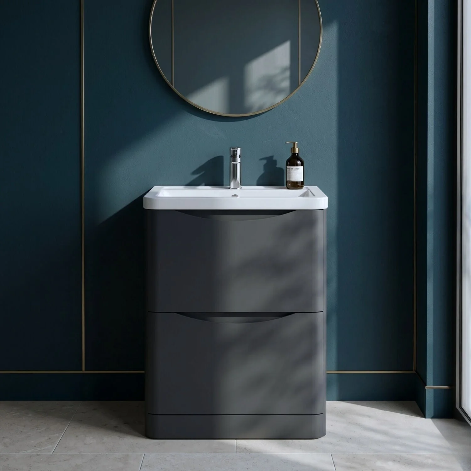 Dunwood Contemporary 2 Drawer Floor Standing Vanity Unit with Basin, Dark Grey, 600mm