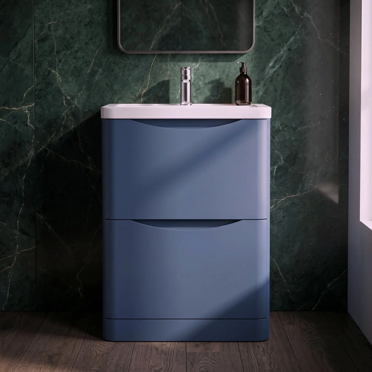 Dunwood Contemporary 2 Drawer Floor Standing Vanity Unit with Basin, Satin Blue, 600mm