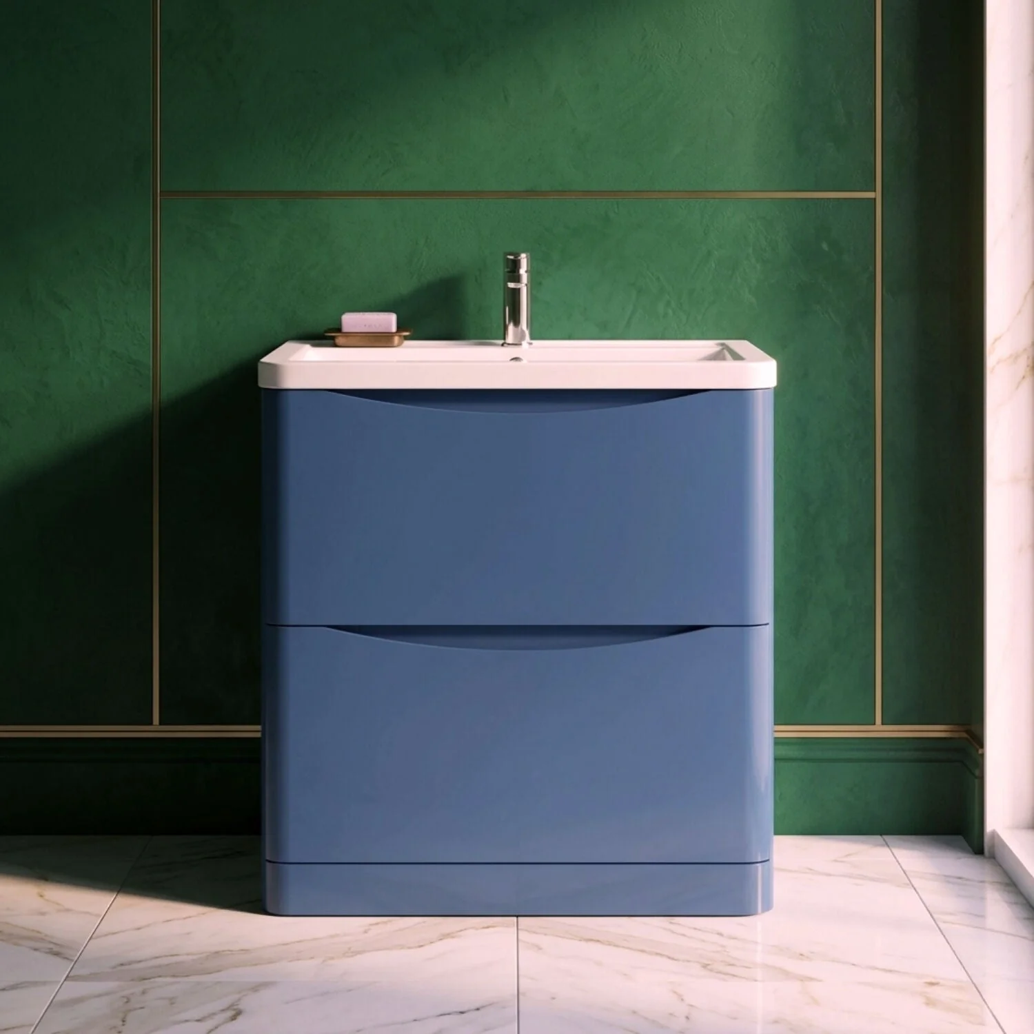 Dunwood Contemporary 2 Drawer Floor Standing Vanity Unit with Basin, Satin Blue, 800mm