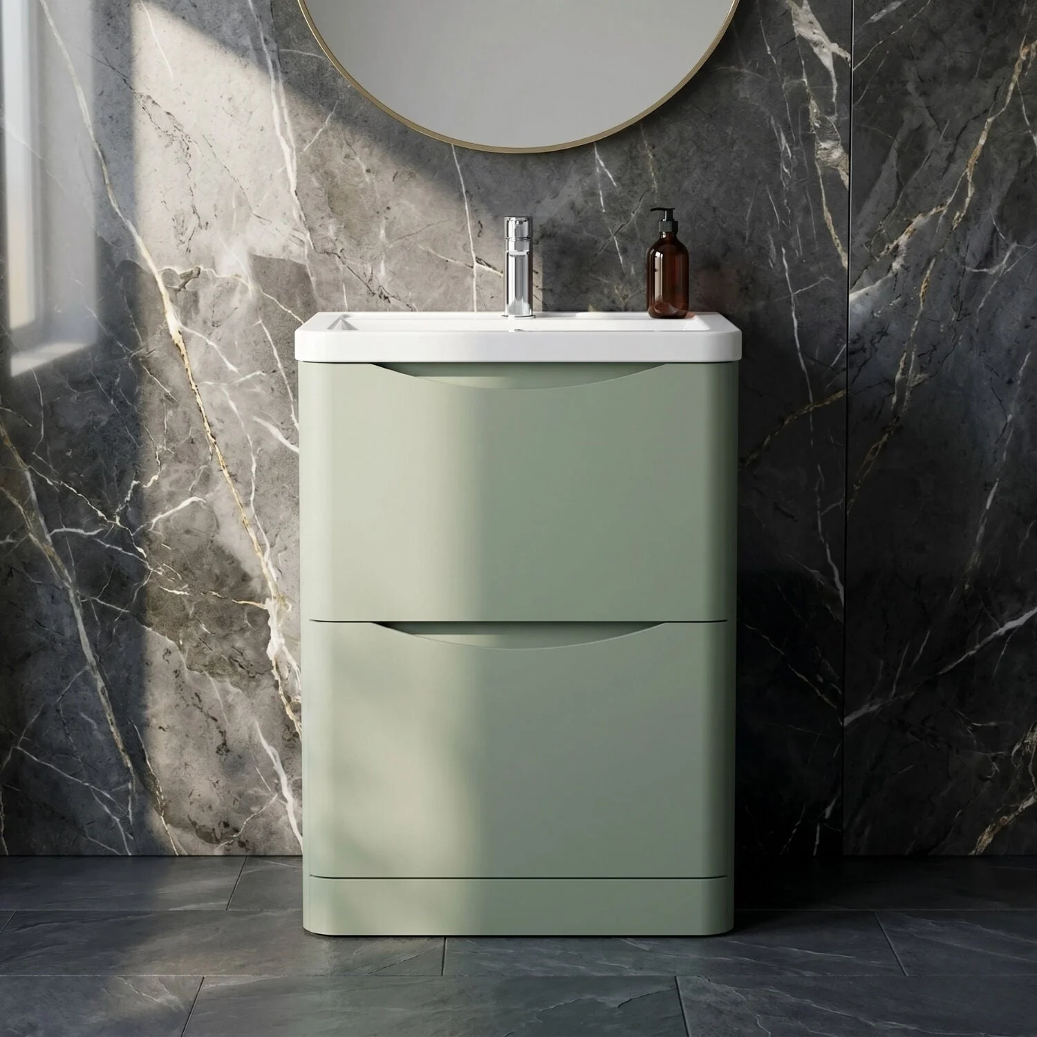 Dunwood Contemporary 2 Drawer Floor Standing Vanity Unit with Basin, Satin Green, 600mm