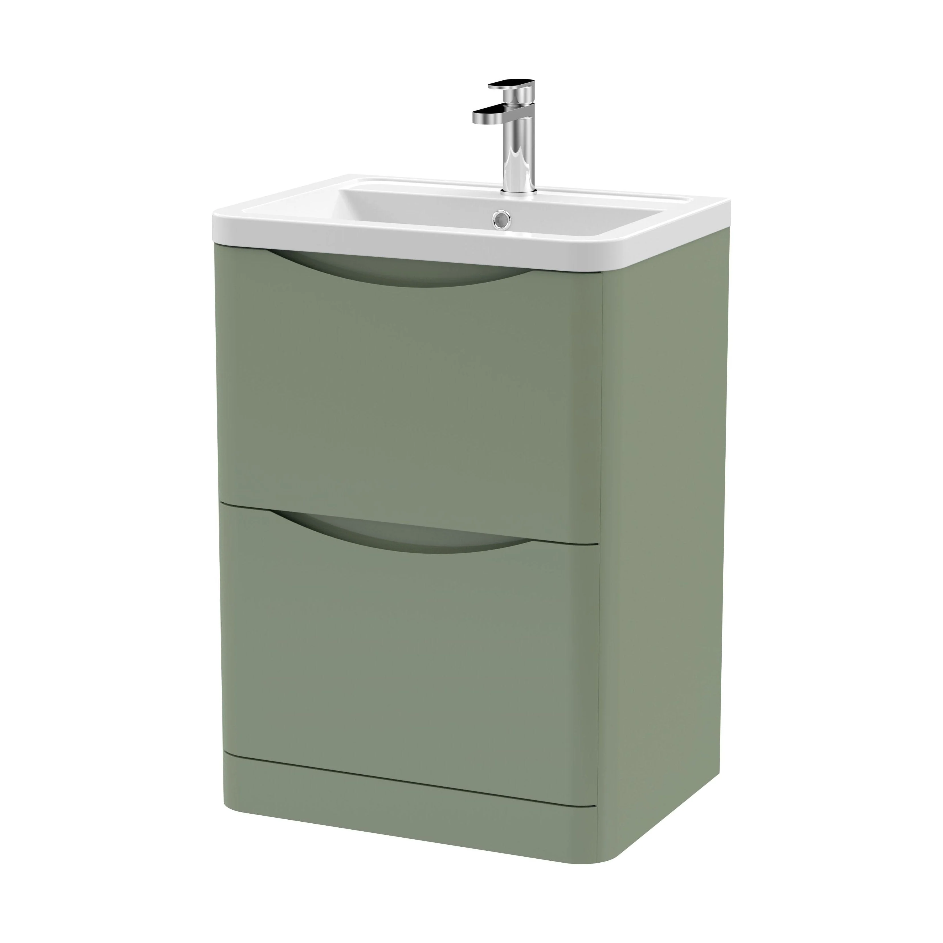 Dunwood Contemporary 2 Drawer Floor Standing Vanity Unit with Basin, Satin Green, 600mm - Image 2