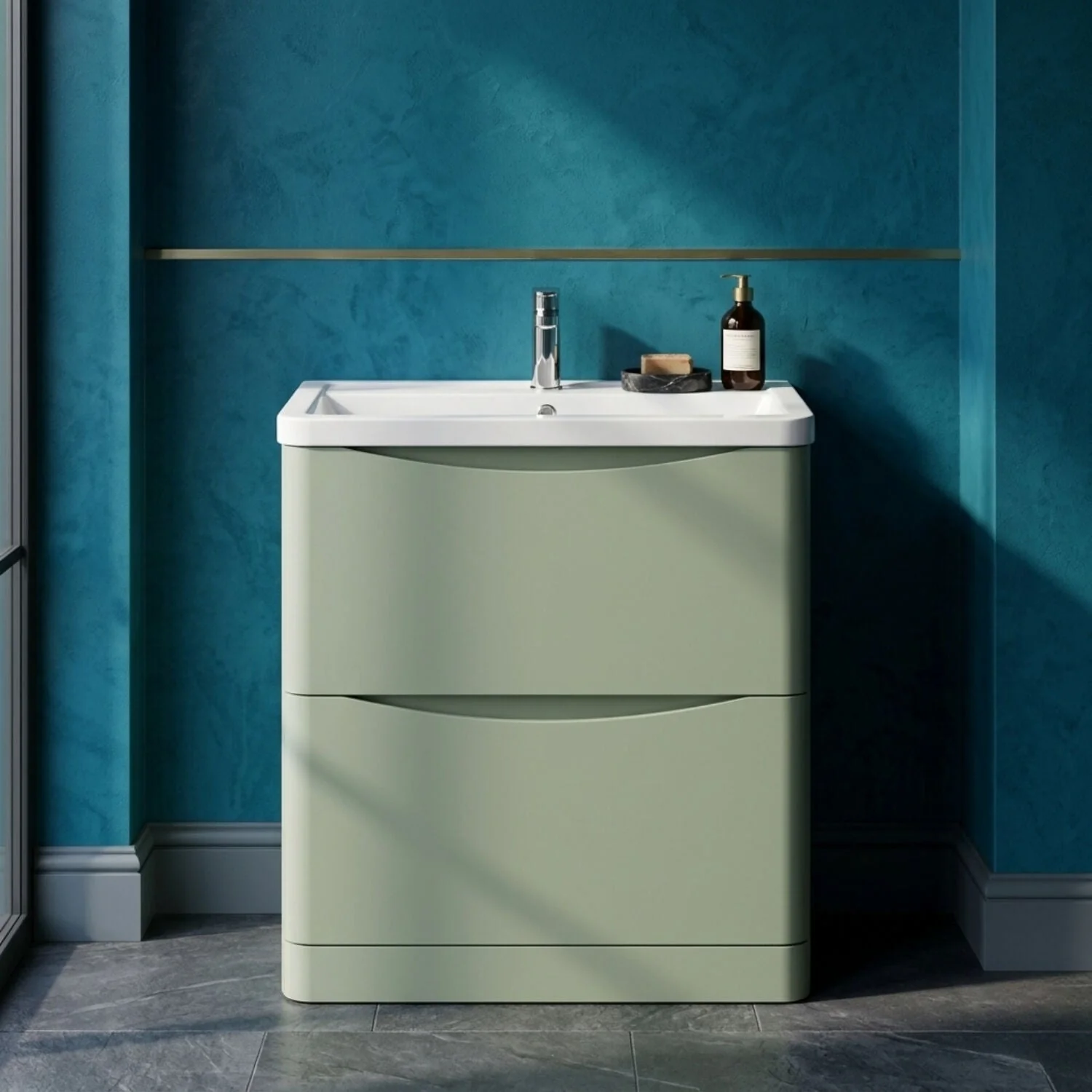 Dunwood Contemporary 2 Drawer Floor Standing Vanity Unit with Basin, Satin Green, 800mm
