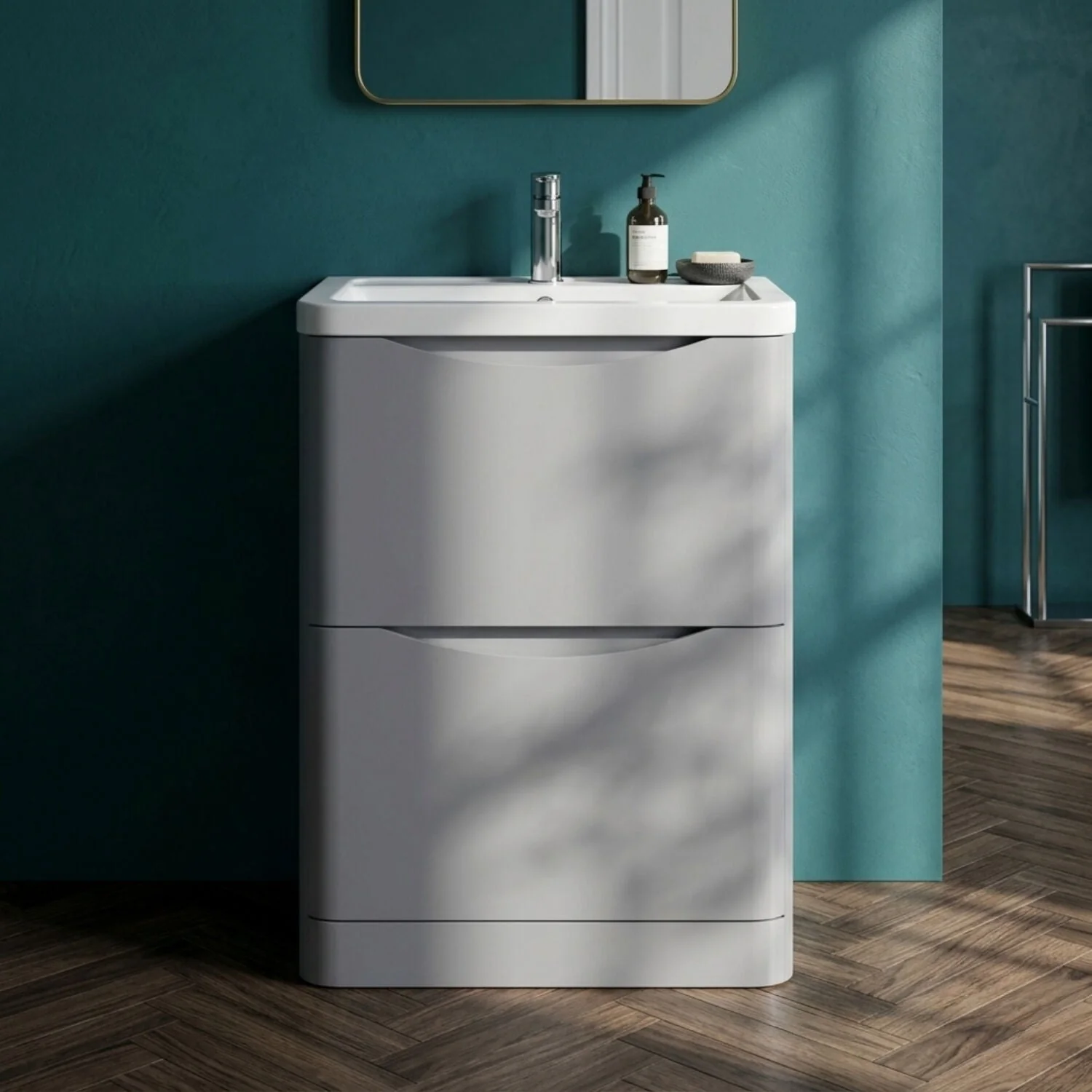 Dunwood Contemporary 2 Drawer Floor Standing Vanity Unit with Basin, Satin Grey, 600mm