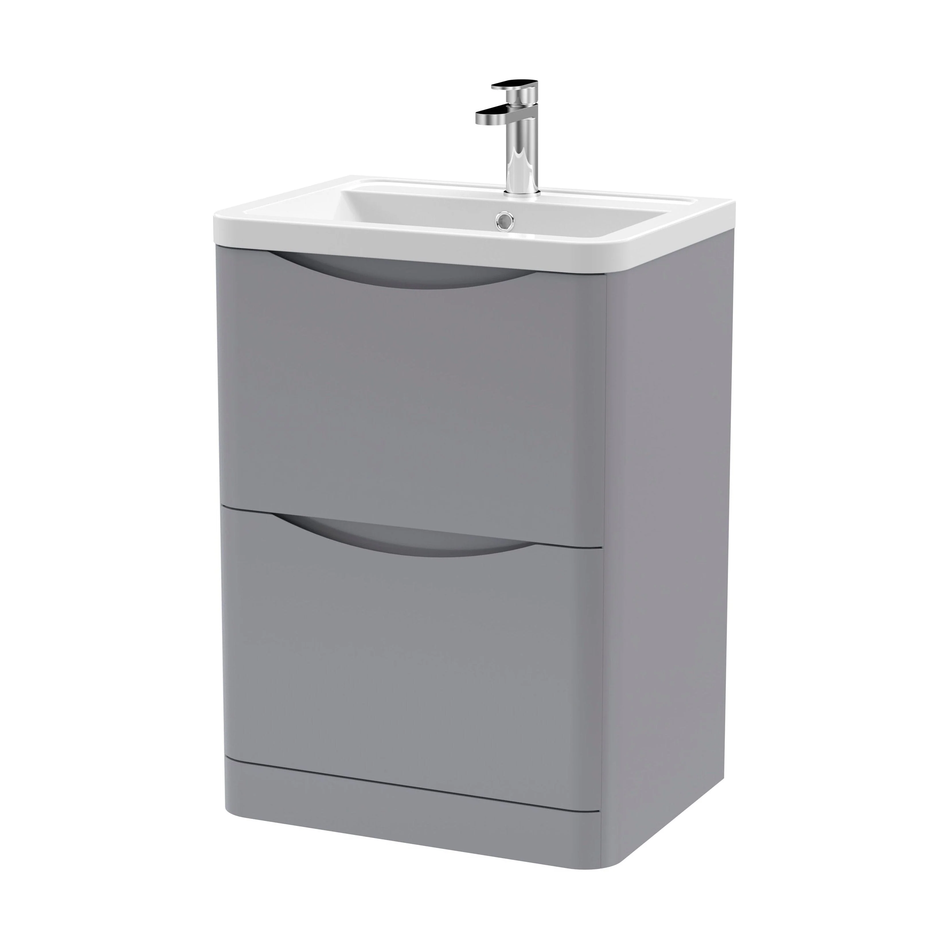 Dunwood Contemporary 2 Drawer Floor Standing Vanity Unit with Basin, Satin Grey, 600mm - Image 2