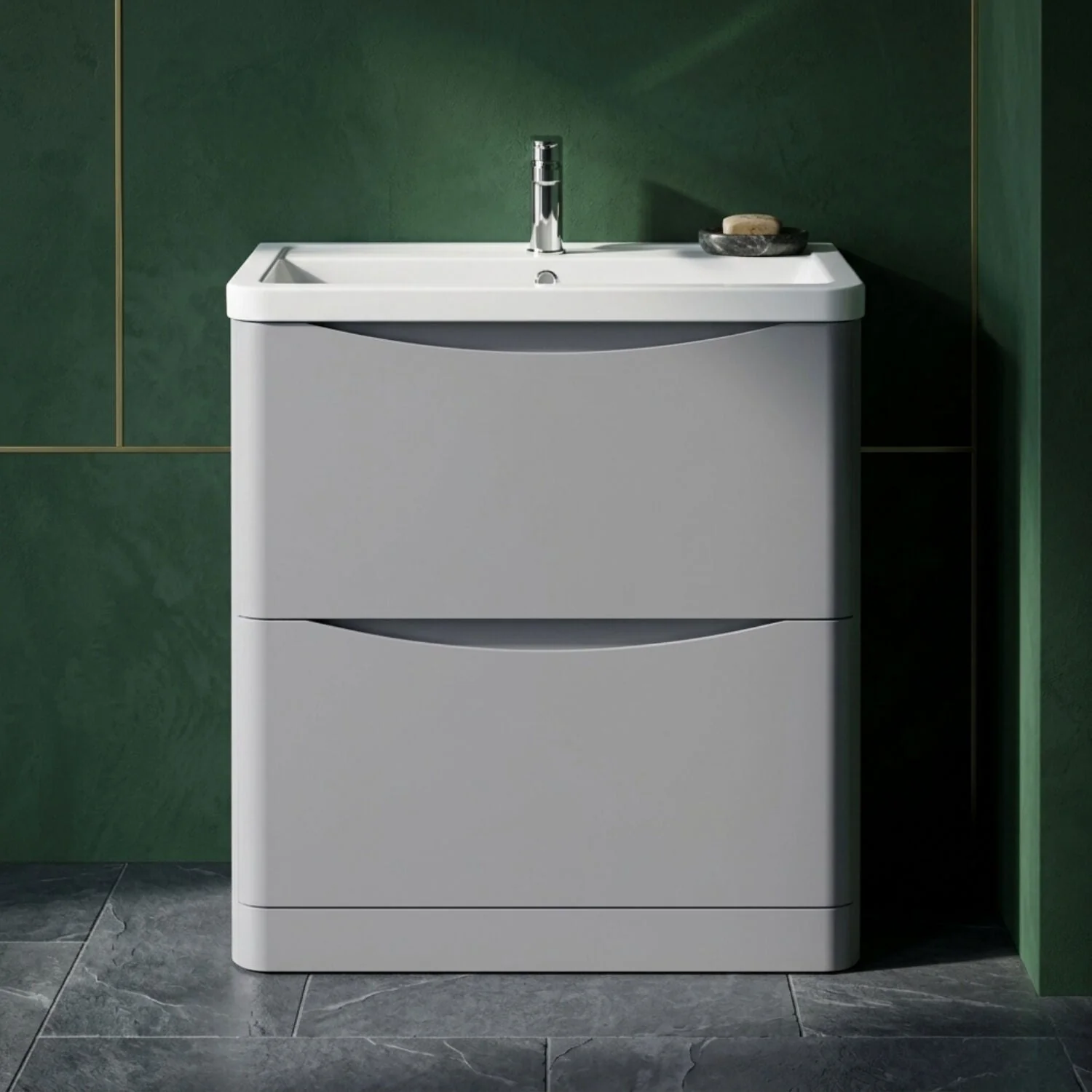 Dunwood Contemporary 2 Drawer Floor Standing Vanity Unit with Basin, Satin Grey, 800mm