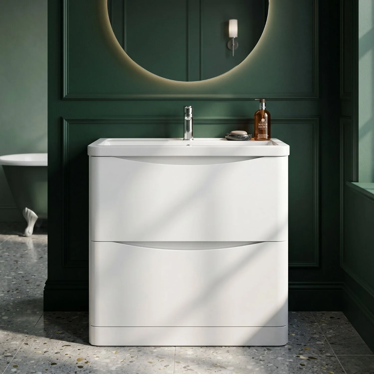 Dunwood Contemporary 2 Drawer Floor Standing Vanity Unit with Basin, Satin White, 800mm
