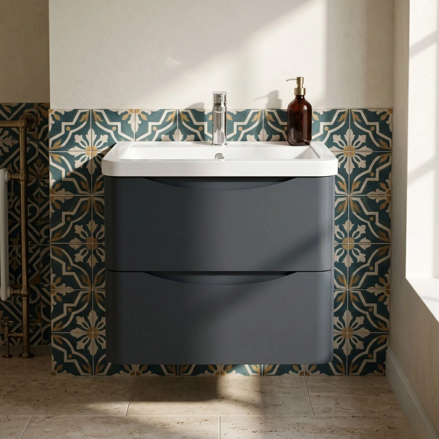Dunwood Contemporary 2 Drawer Wall Hung Vanity Unit with Basin, Dark Grey, 600mm