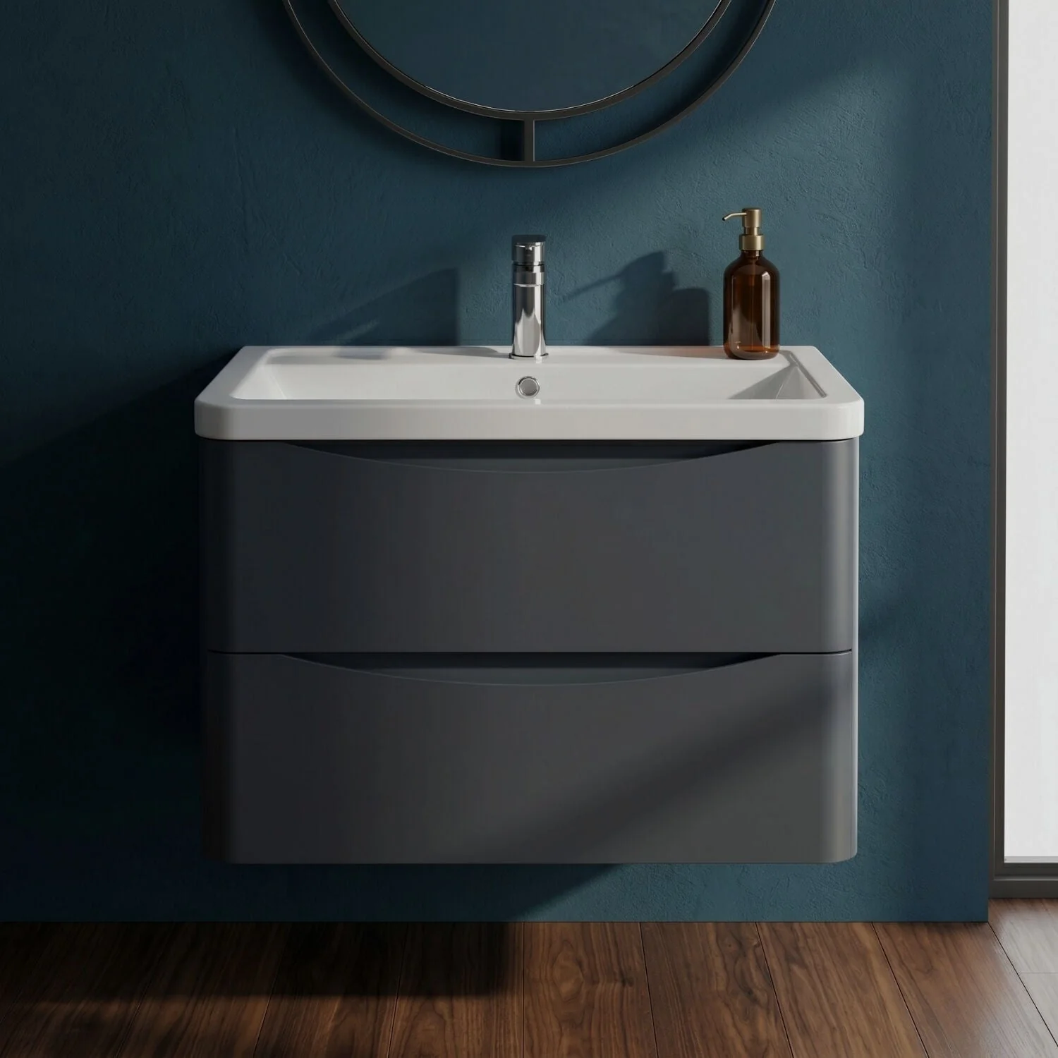 Dunwood Contemporary 2 Drawer Wall Hung Vanity Unit with Basin, Dark Grey, 800mm