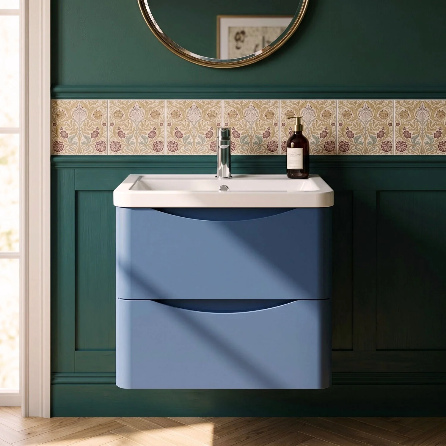 Dunwood Contemporary 2 Drawer Wall Hung Vanity Unit with Basin, Satin Blue, 600mm