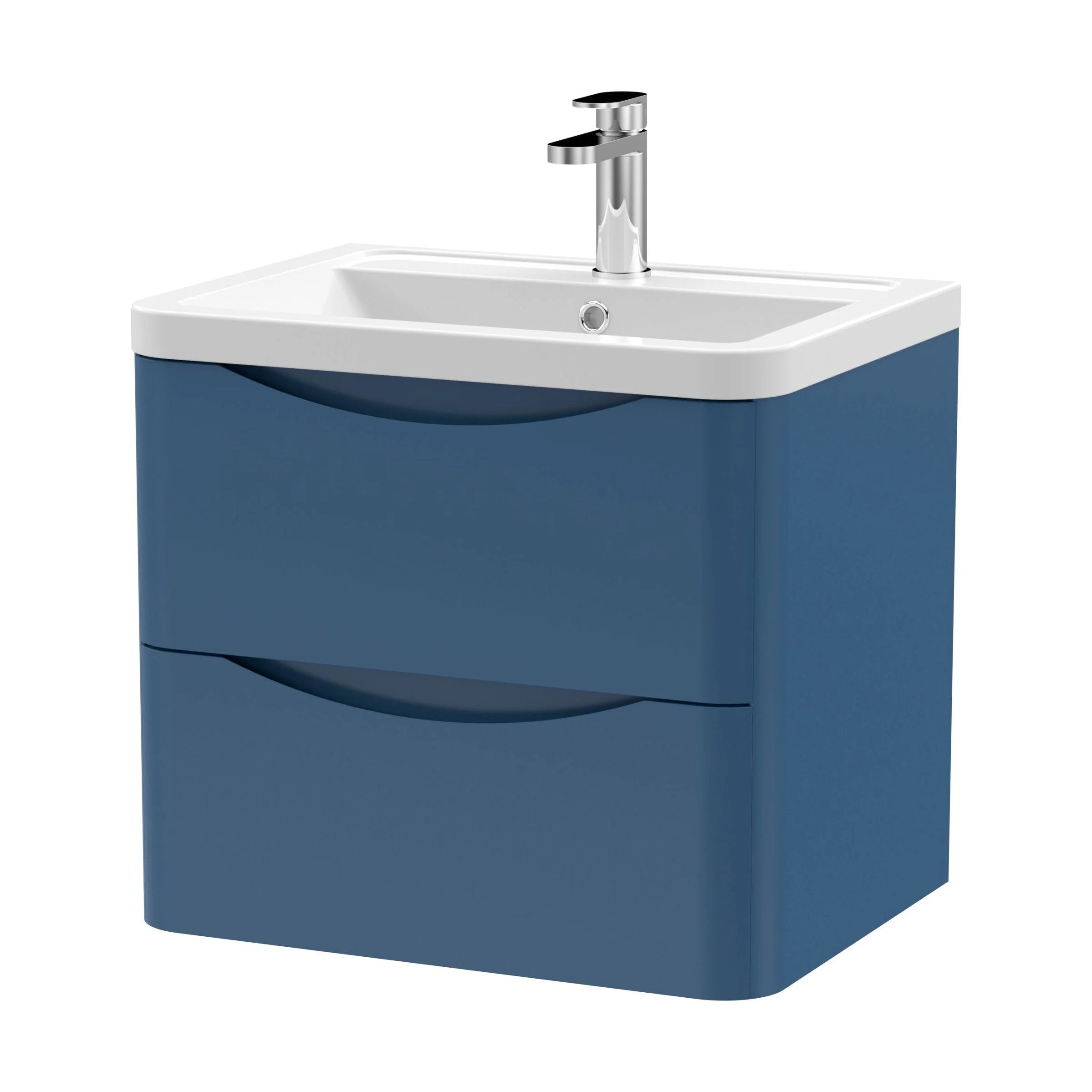 Dunwood Contemporary 2 Drawer Wall Hung Vanity Unit with Basin, Satin Blue, 600mm - Image 2