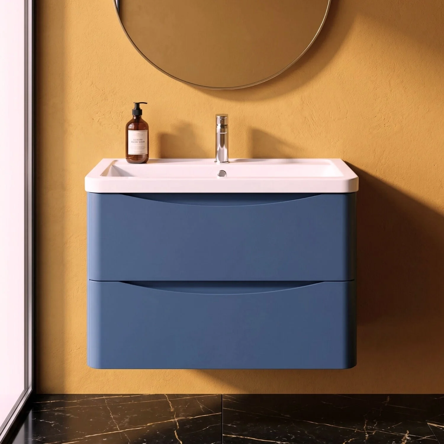 Dunwood Contemporary 2 Drawer Wall Hung Vanity Unit with Basin, Satin Blue, 800mm
