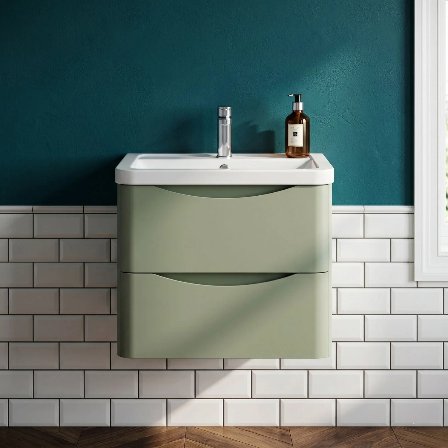 Dunwood Contemporary 2 Drawer Wall Hung Vanity Unit with Basin, Satin Green, 600mm