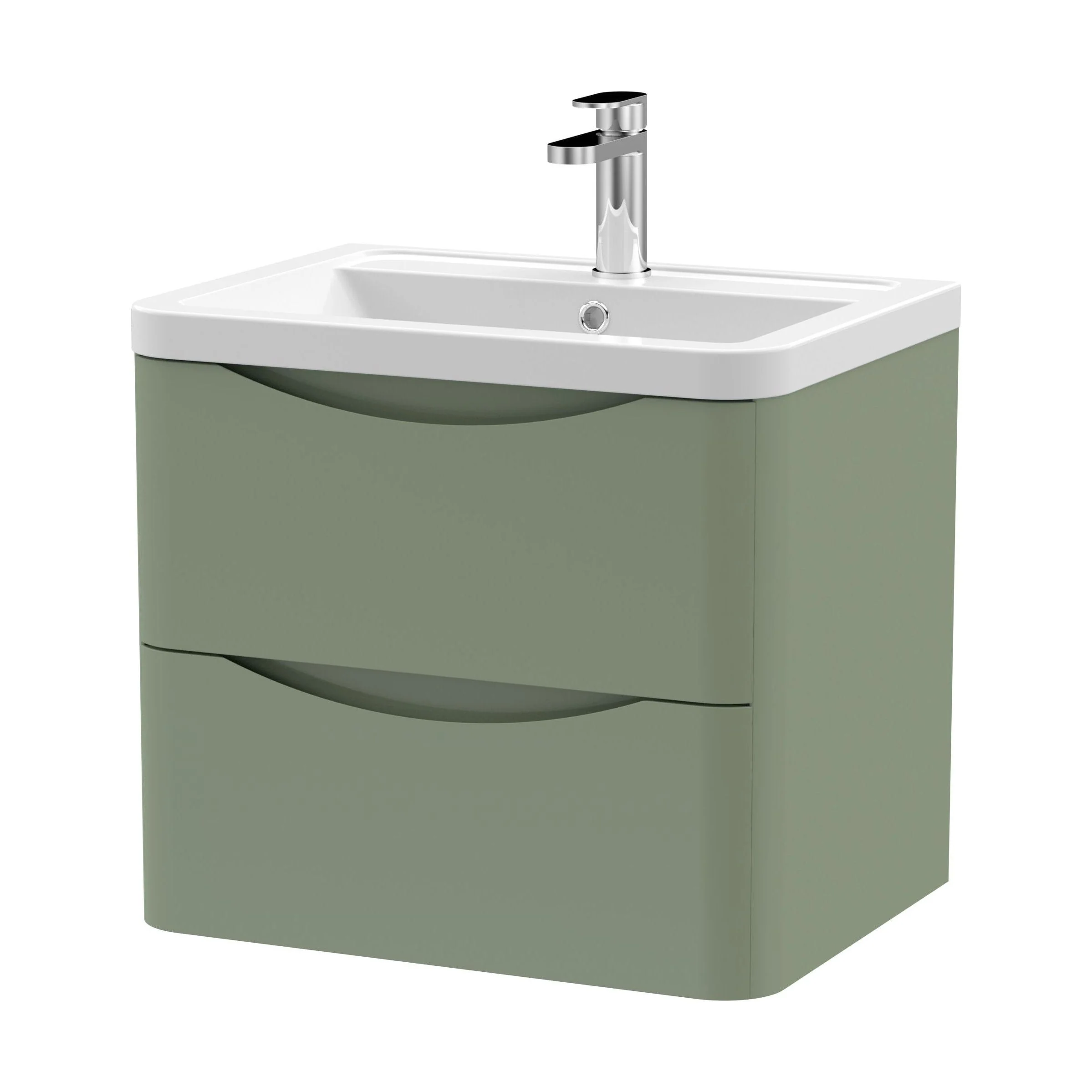Dunwood Contemporary 2 Drawer Wall Hung Vanity Unit with Basin, Satin Green, 600mm - Image 2