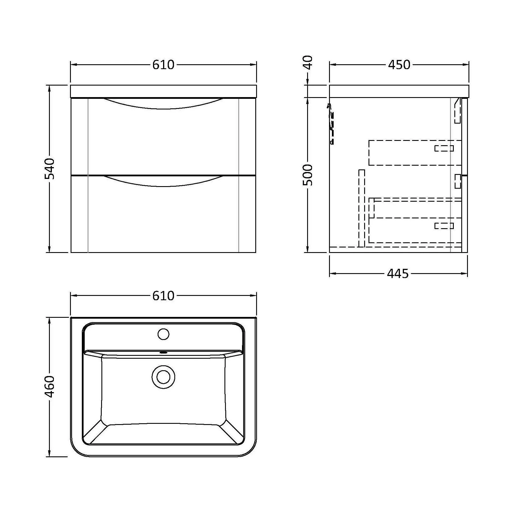 Dunwood Contemporary 2 Drawer Wall Hung Vanity Unit with Basin, Satin Green, 600mm - Image 3