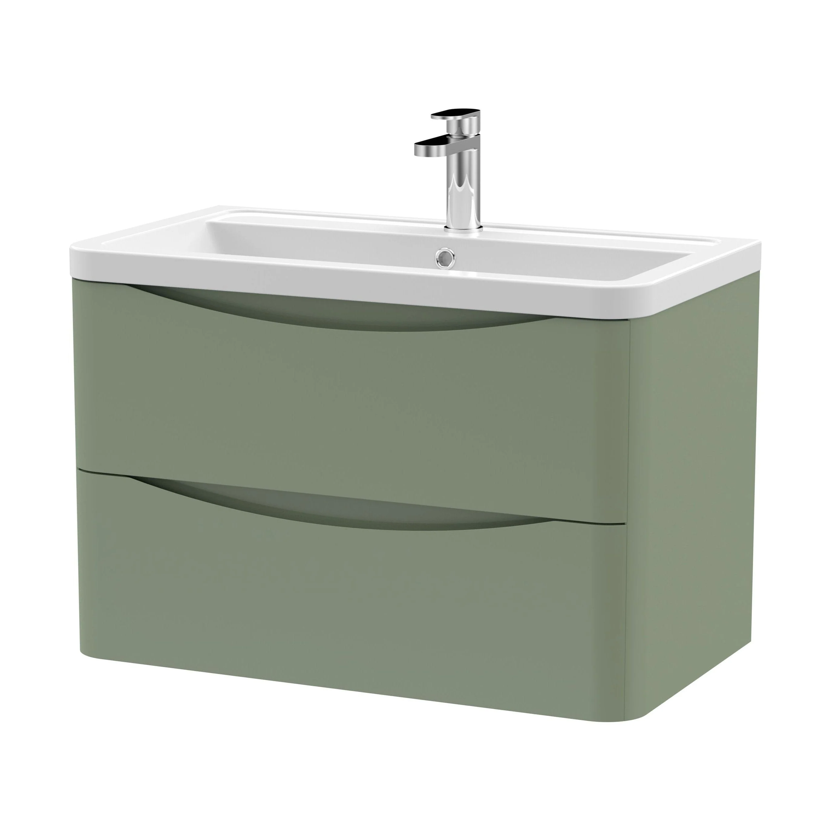 Dunwood Contemporary 2 Drawer Wall Hung Vanity Unit with Basin, Satin Green, 800mm