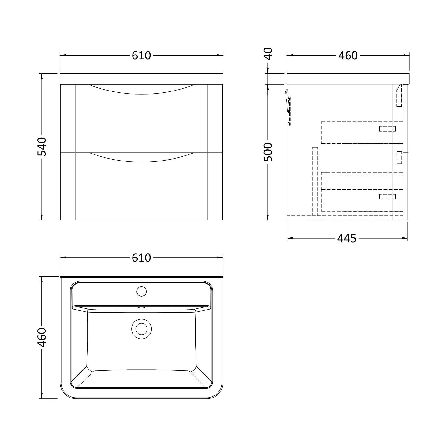 Dunwood Contemporary 2 Drawer Wall Hung Vanity Unit with Basin, Satin Grey, 600mm - Image 3