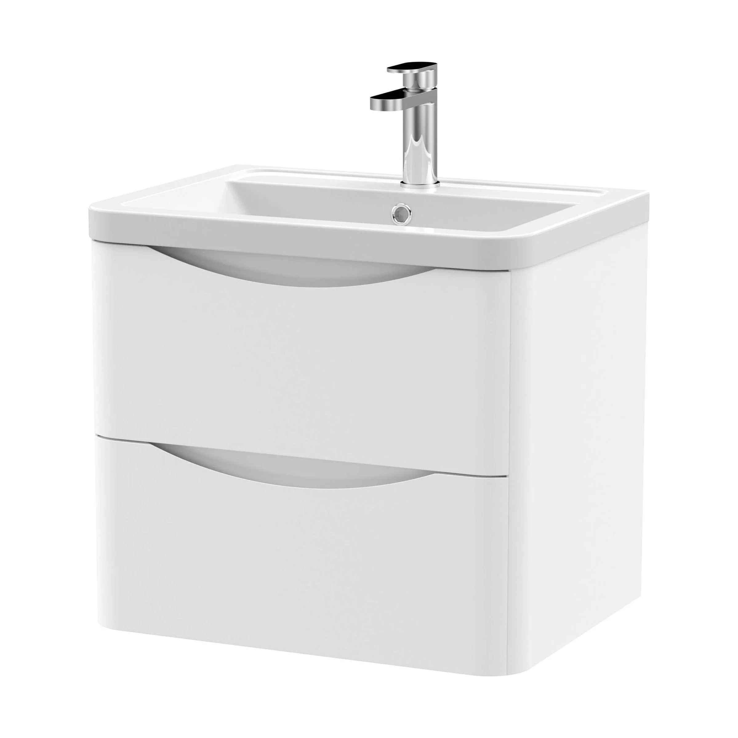 Dunwood Contemporary 2 Drawer Wall Hung Vanity Unit with Basin, Satin White, 600mm