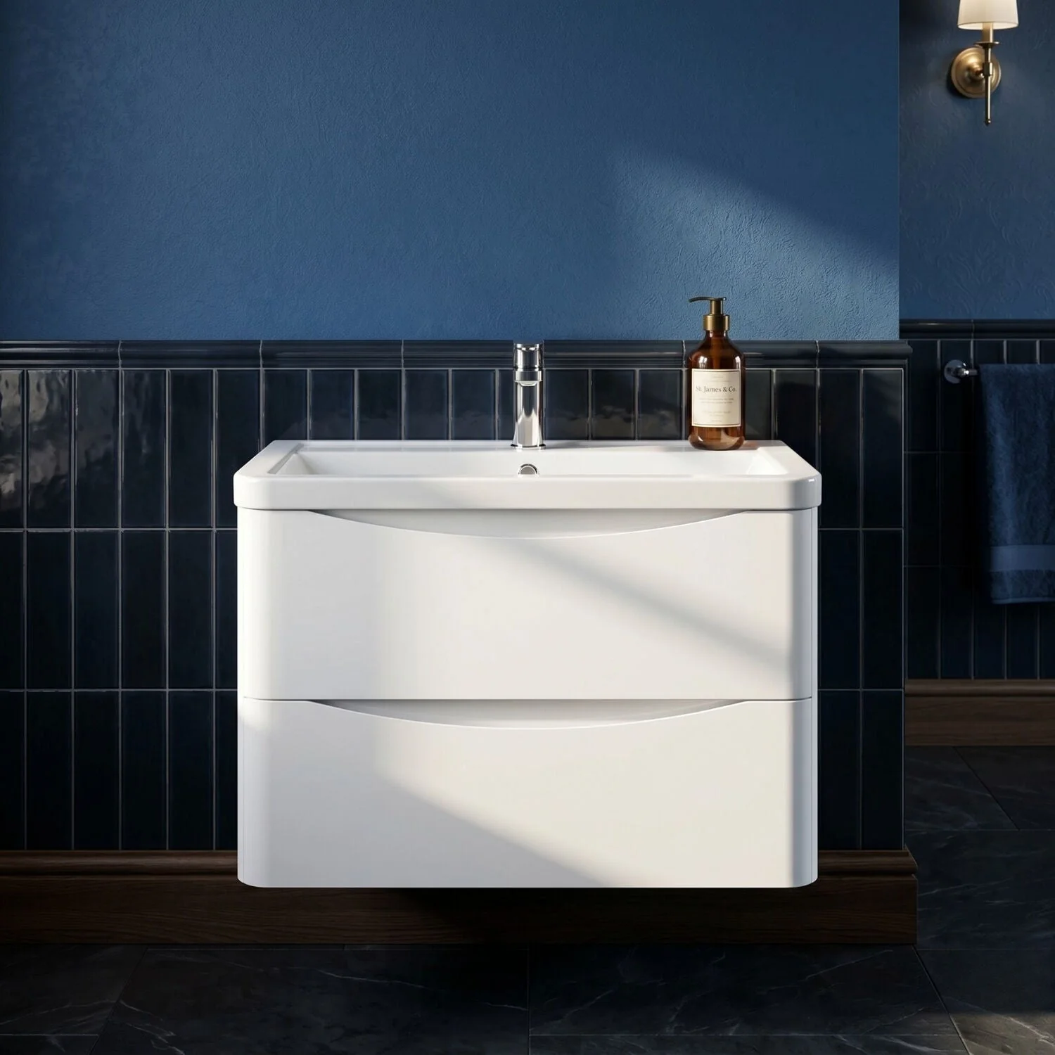 Dunwood Contemporary 2 Drawer Wall Hung Vanity Unit with Basin, Satin White, 800mm