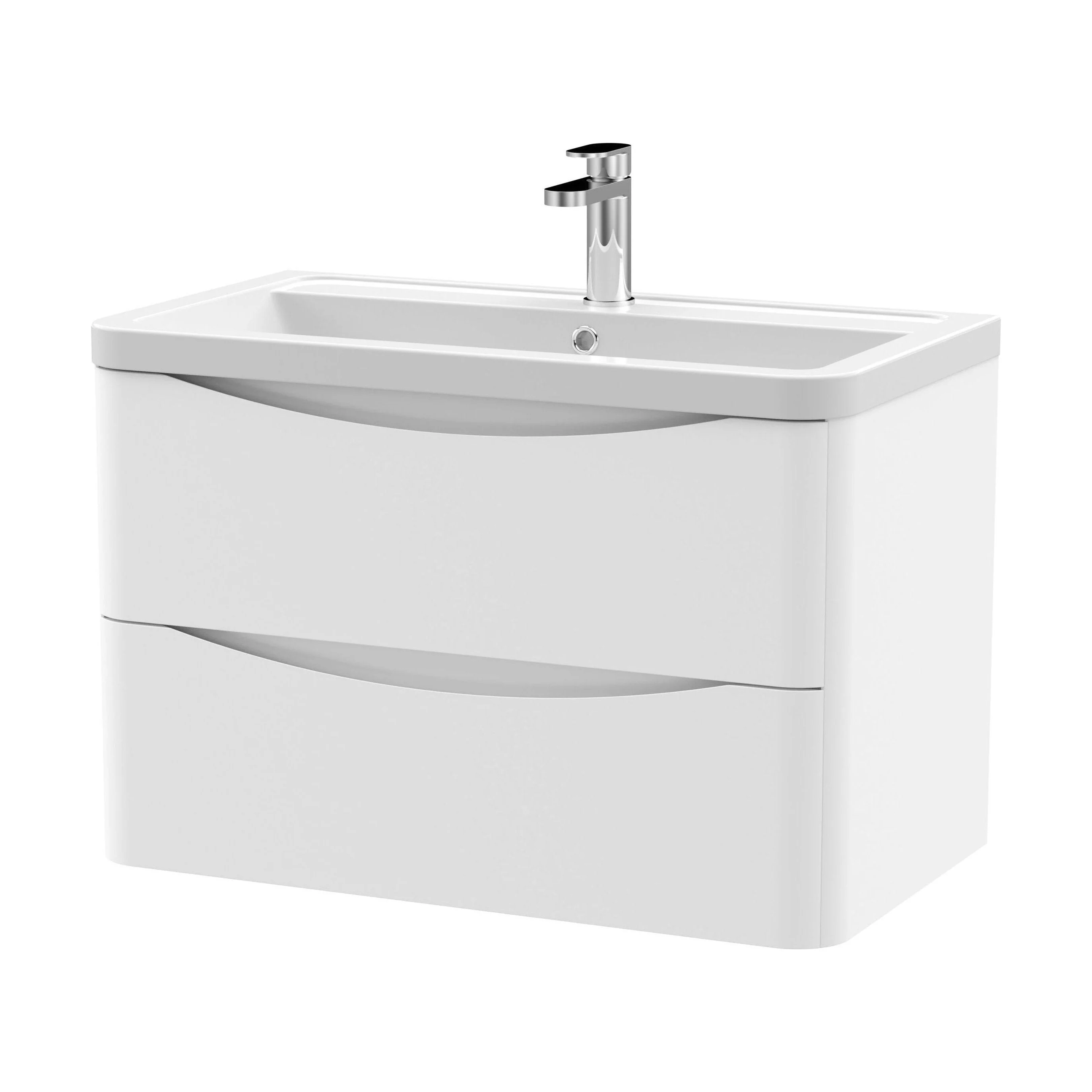Dunwood Contemporary 2 Drawer Wall Hung Vanity Unit with Basin, Satin White, 800mm - Image 2