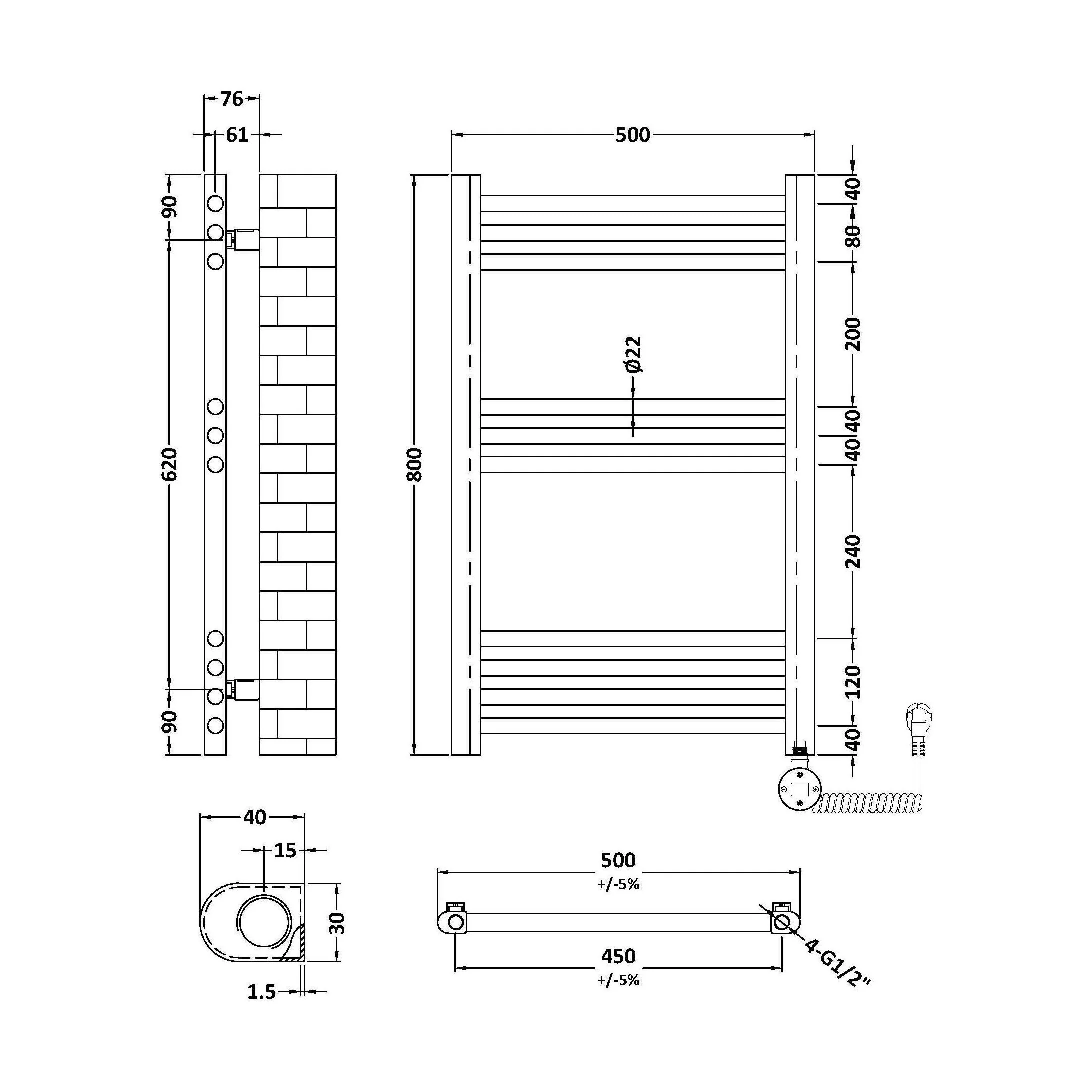 Croxall Electric Round Tube Heated Towel Rail with 10 Bars, 800 x 500mm - Choice of Colour - Image 8