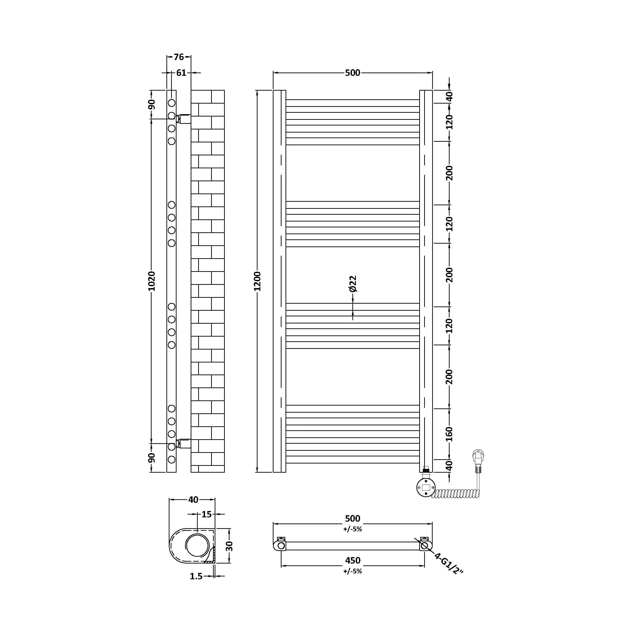Croxall Electric Round Tube Heated Towel Rail with 17 Bars, 1200 x 500mm - Choice of Colour - Image 19
