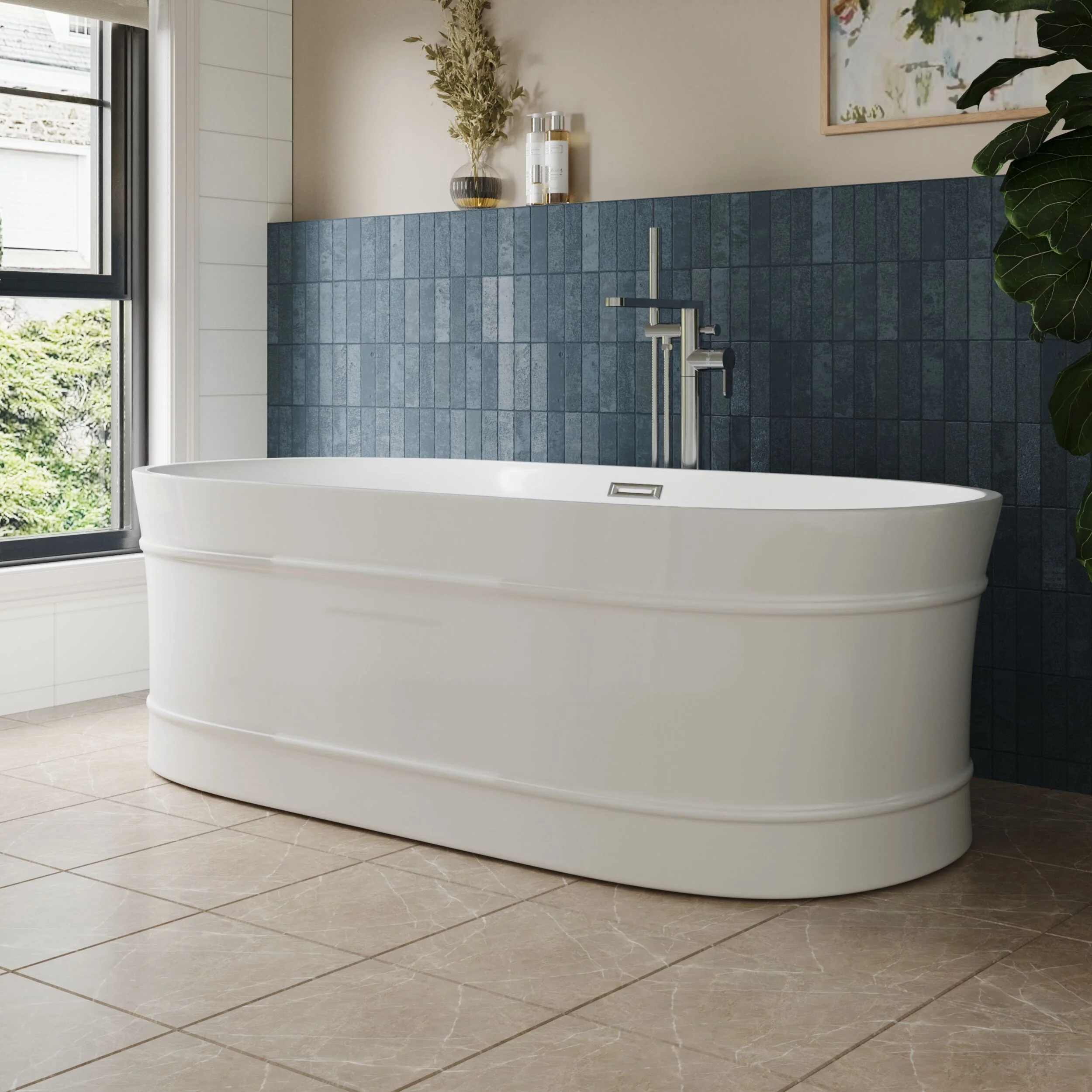 Contemporary Elegant Oval Freestanding Modern Double Ended Bath with Layered Rim Design - Choice of Size - Image 7