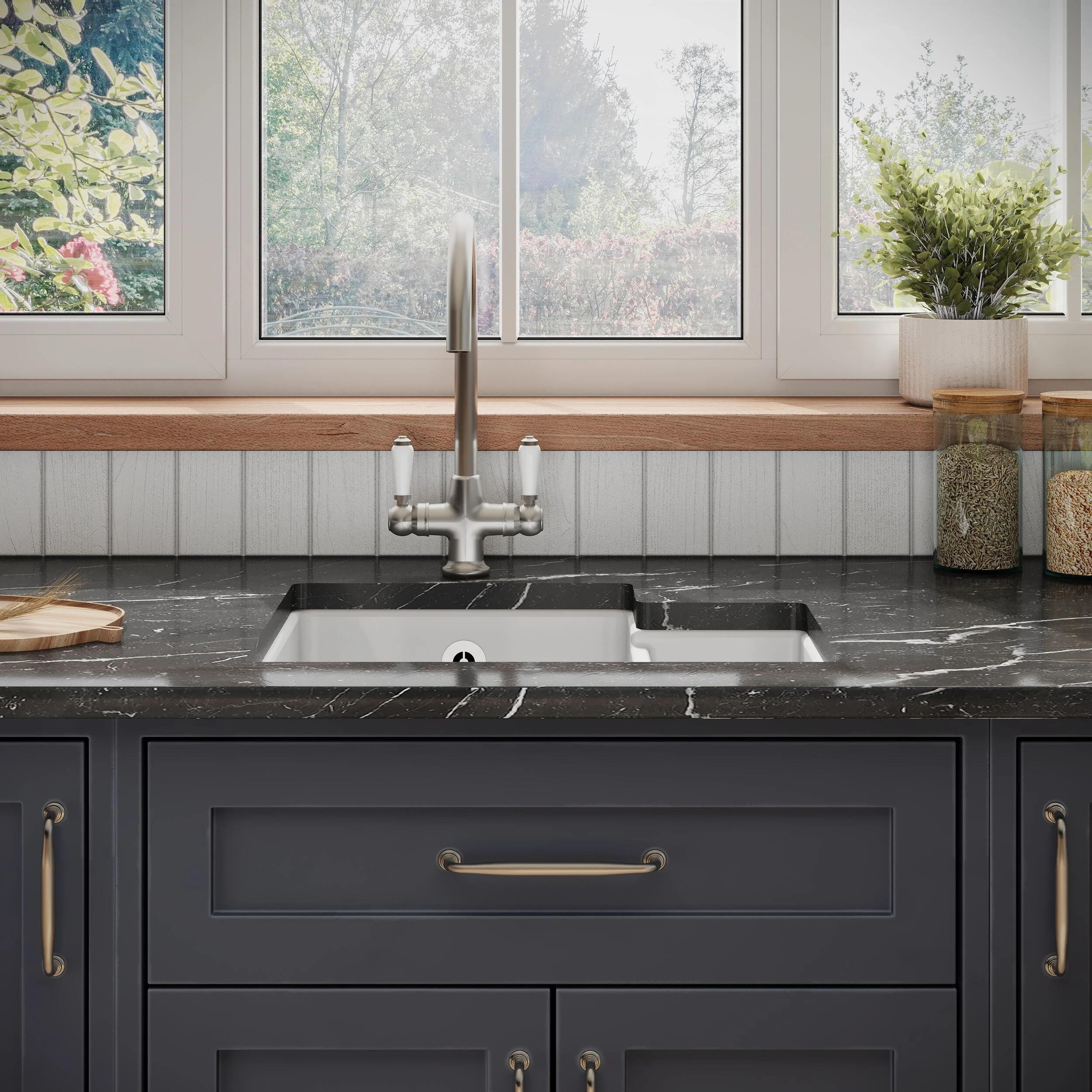 1.5 Bowl Fireclay Ceramic Undermount Kitchen Sink with Overflow - 549mm - Available as Left or Right Hand - Image 3