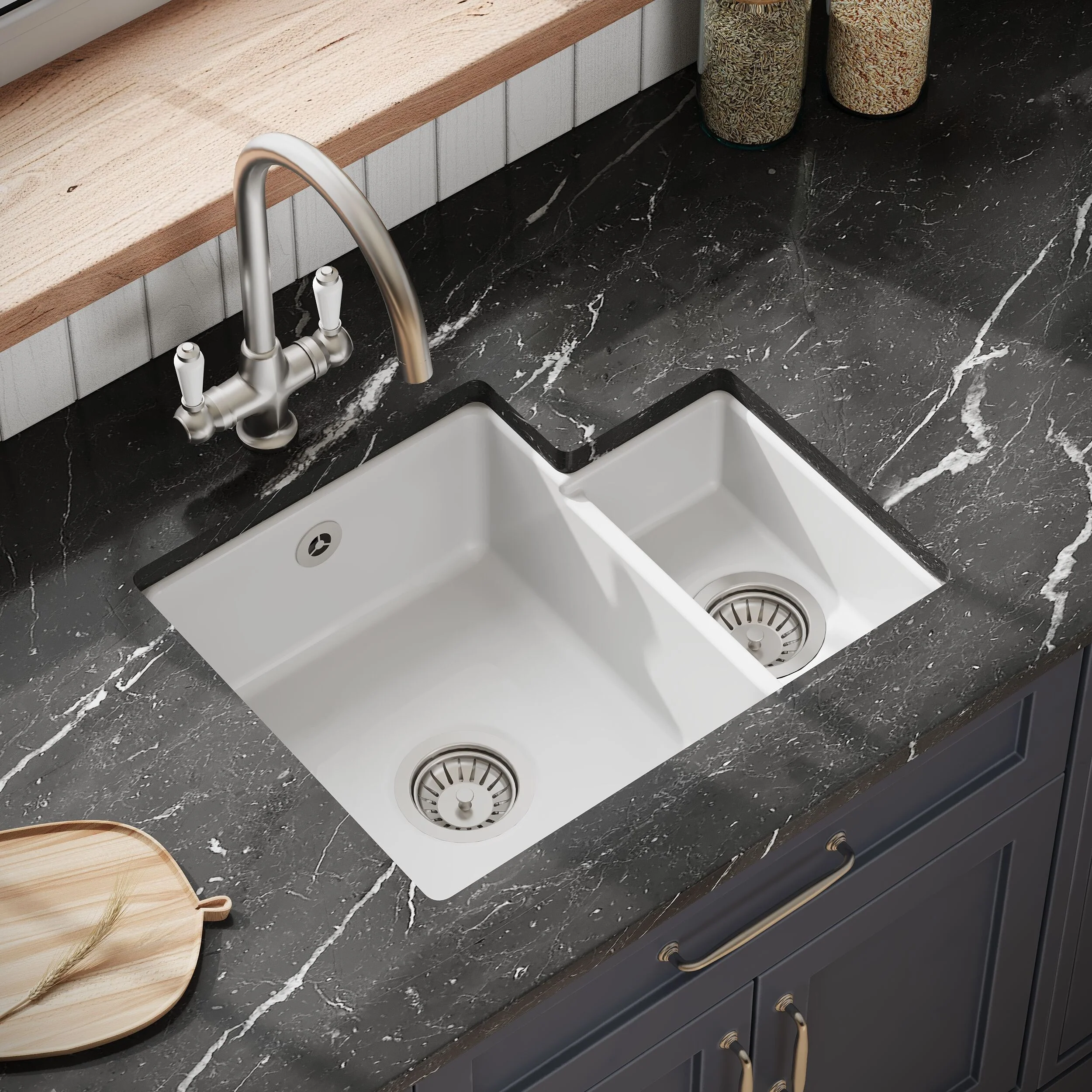 1.5 Bowl Fireclay Ceramic Undermount Kitchen Sink with Overflow - 549mm - Available as Left or Right Hand - Image 5