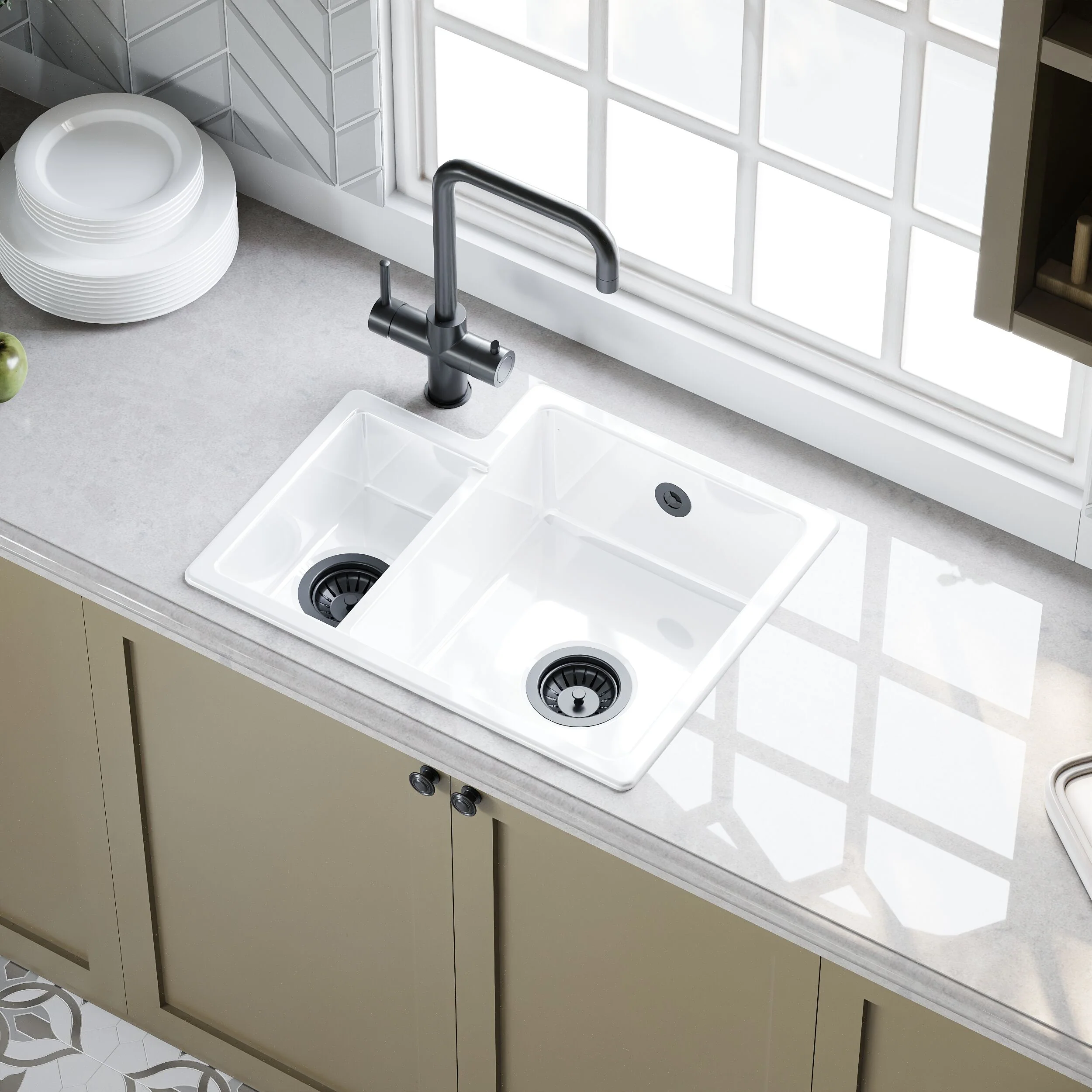 1.5 Bowl Fireclay Ceramic Undermount Kitchen Sink with Overflow - 549mm - Available as Left or Right Hand - Image 6