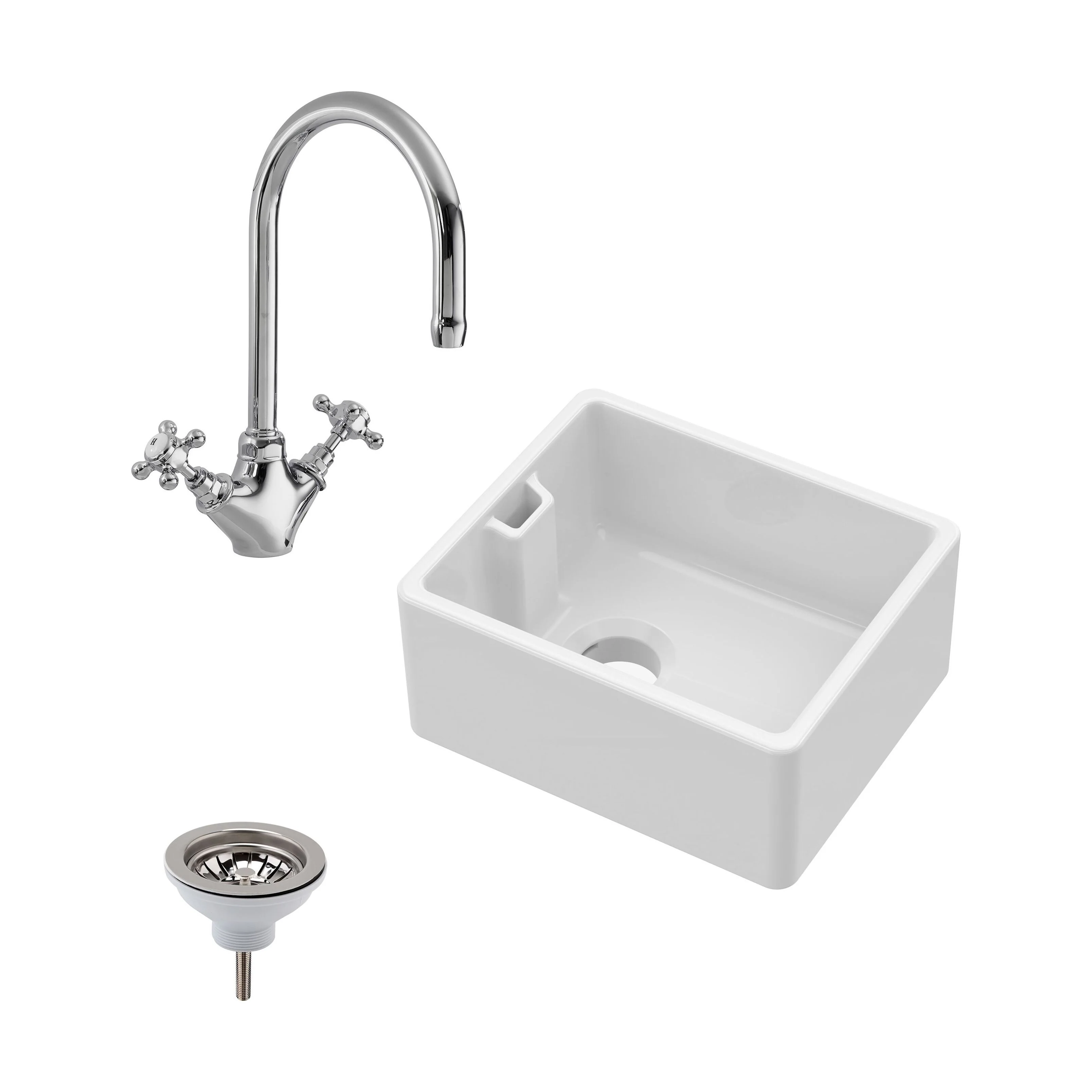 Single Bowl Fireclay Ceramic Belfast Sink Bundle with Overflow, Mono Mixer Tap & Waste