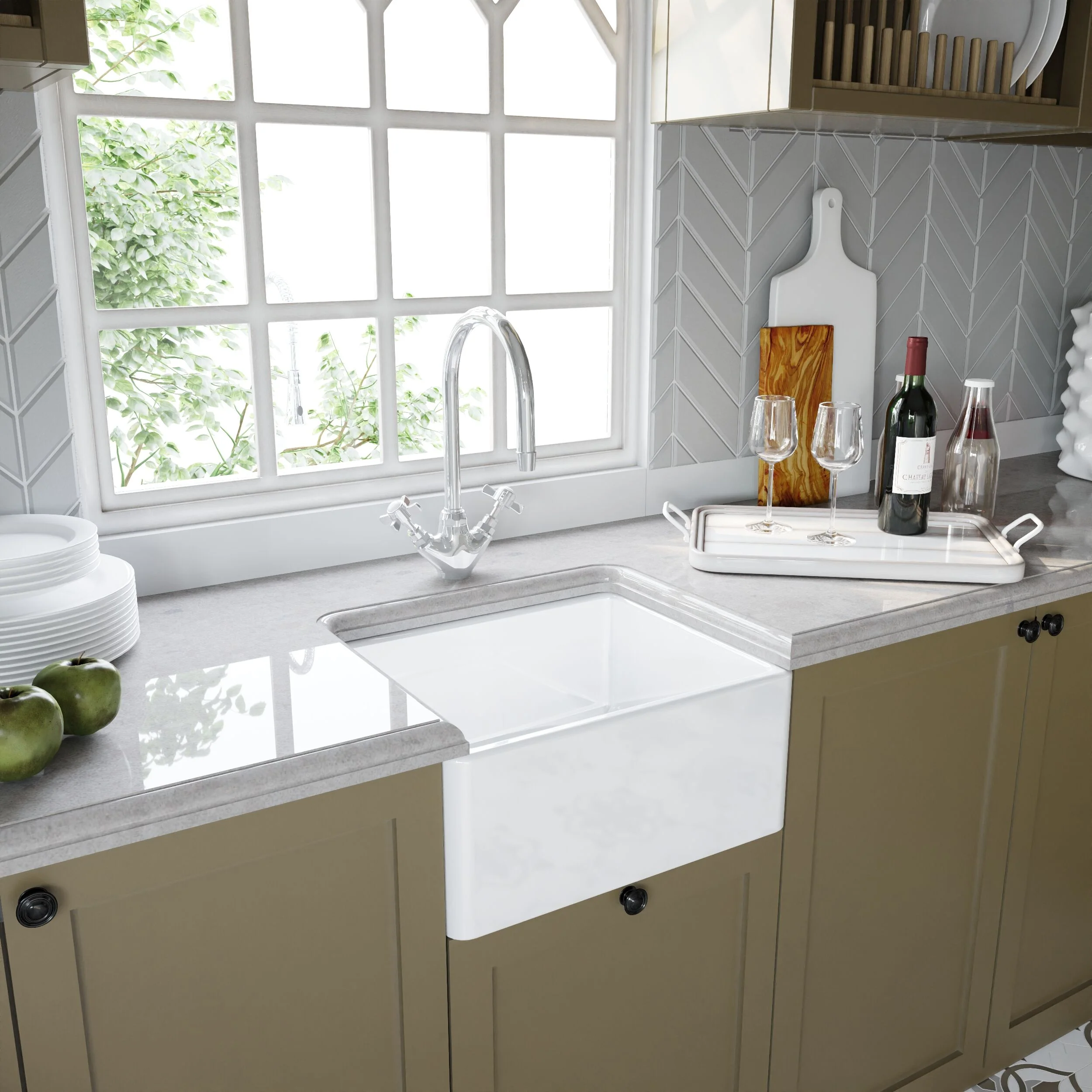 Single Bowl Fireclay Ceramic Belfast Sink Bundle with Overflow, Mono Mixer Tap & Waste - Image 4