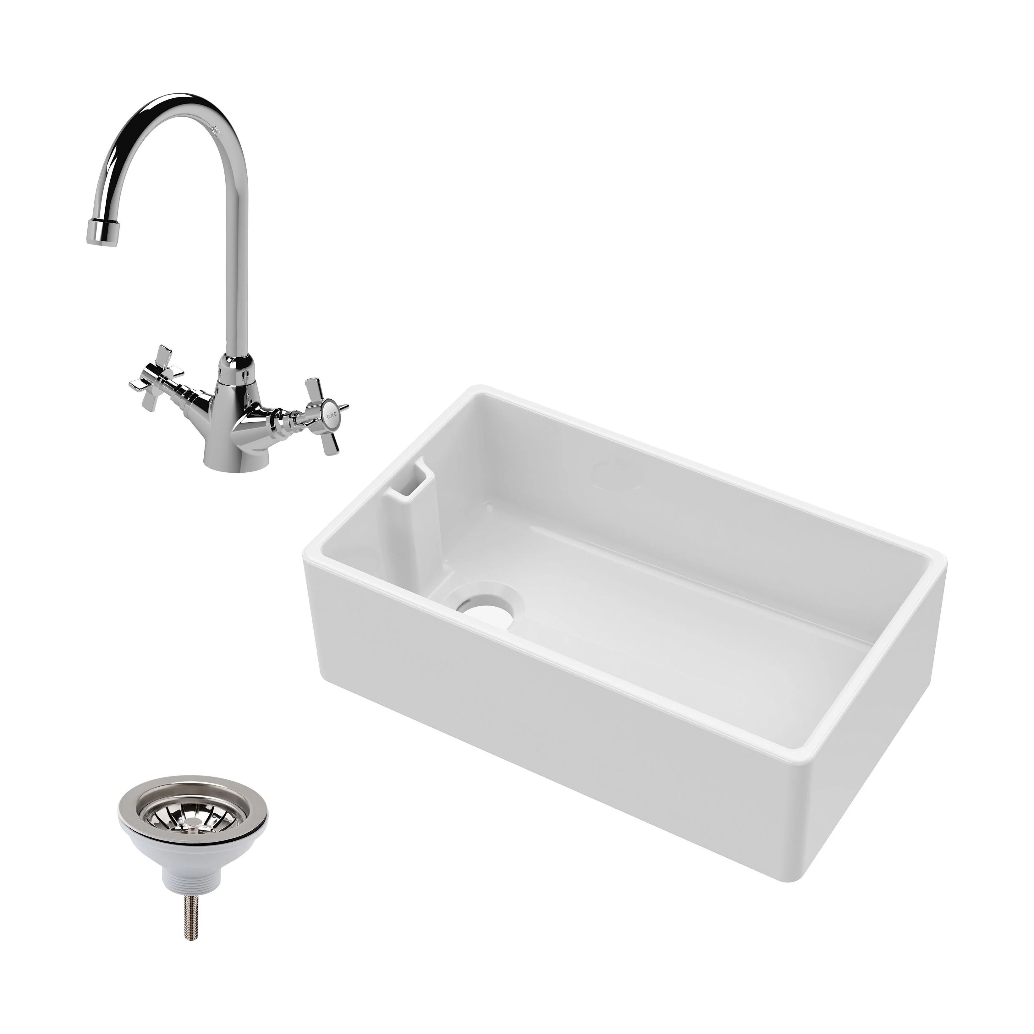 Fireclay Belfast Kitchen Sink Bundle with Overflow, Mono Sink Mixer Tap & Waste