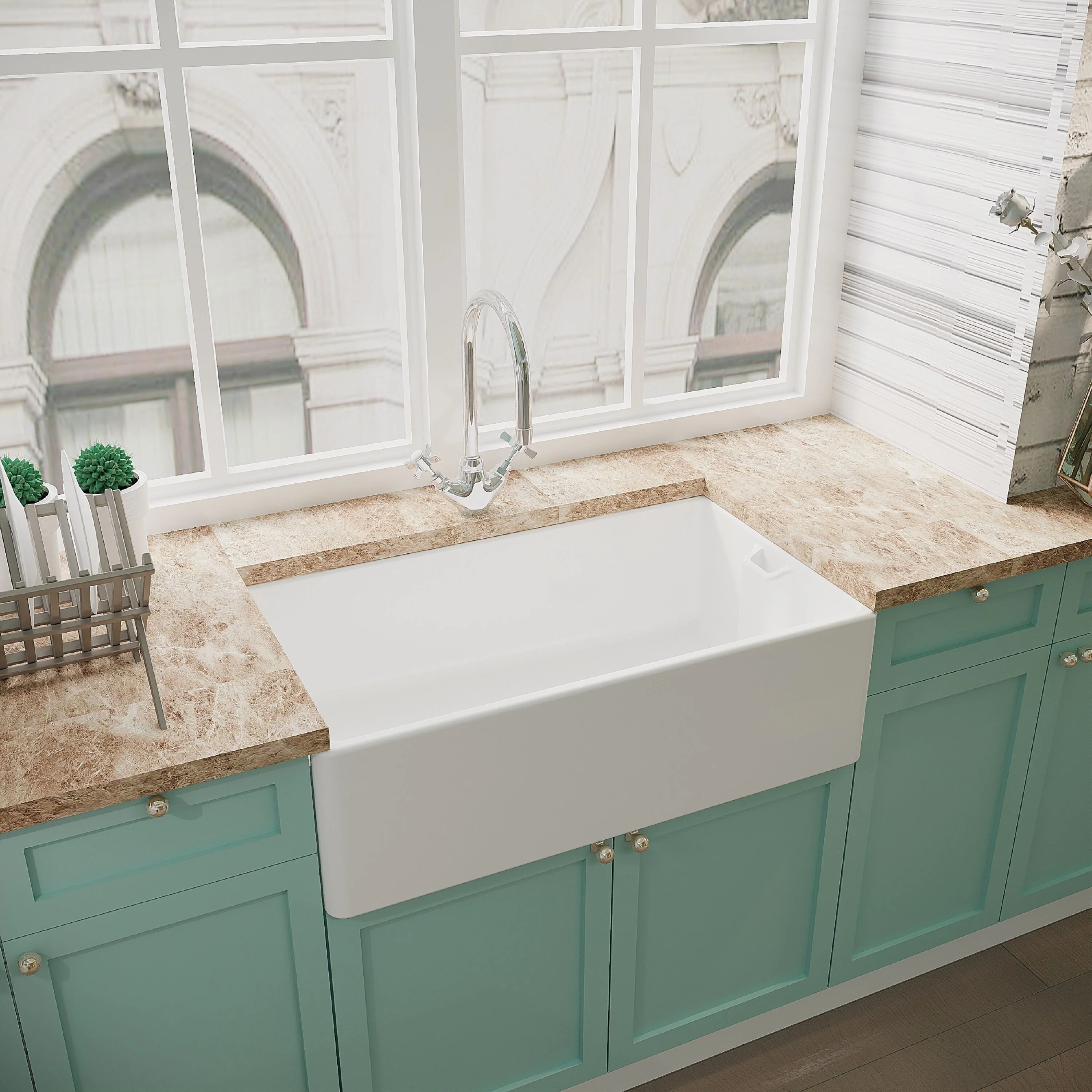 Fireclay Belfast Kitchen Sink Bundle with Overflow, Mono Sink Mixer Tap & Waste - Image 4