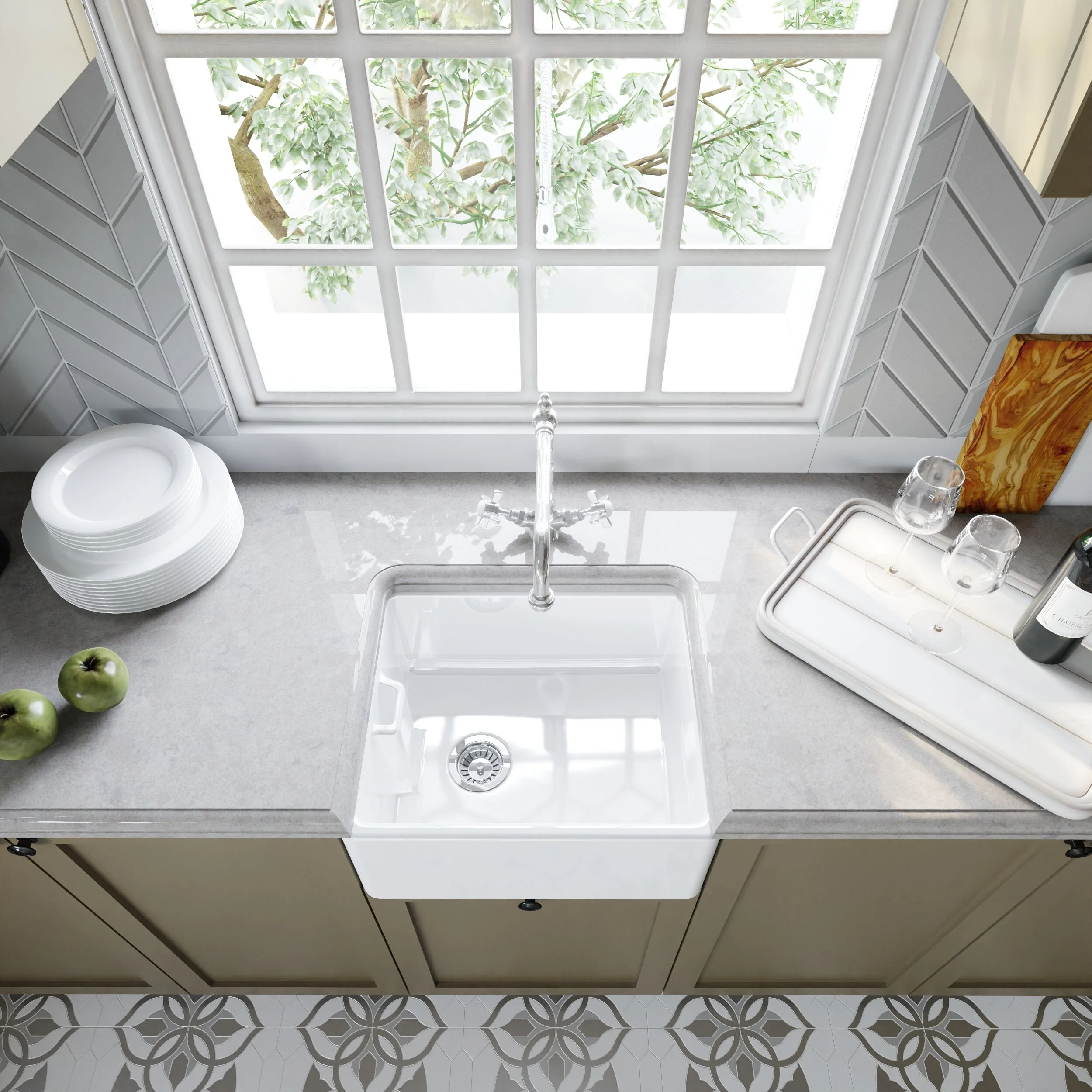 Single Bowl Fireclay Ceramic Belfast Sink Bundle with Overflow, French Mixer Tap & Strainer Waste - Image 3