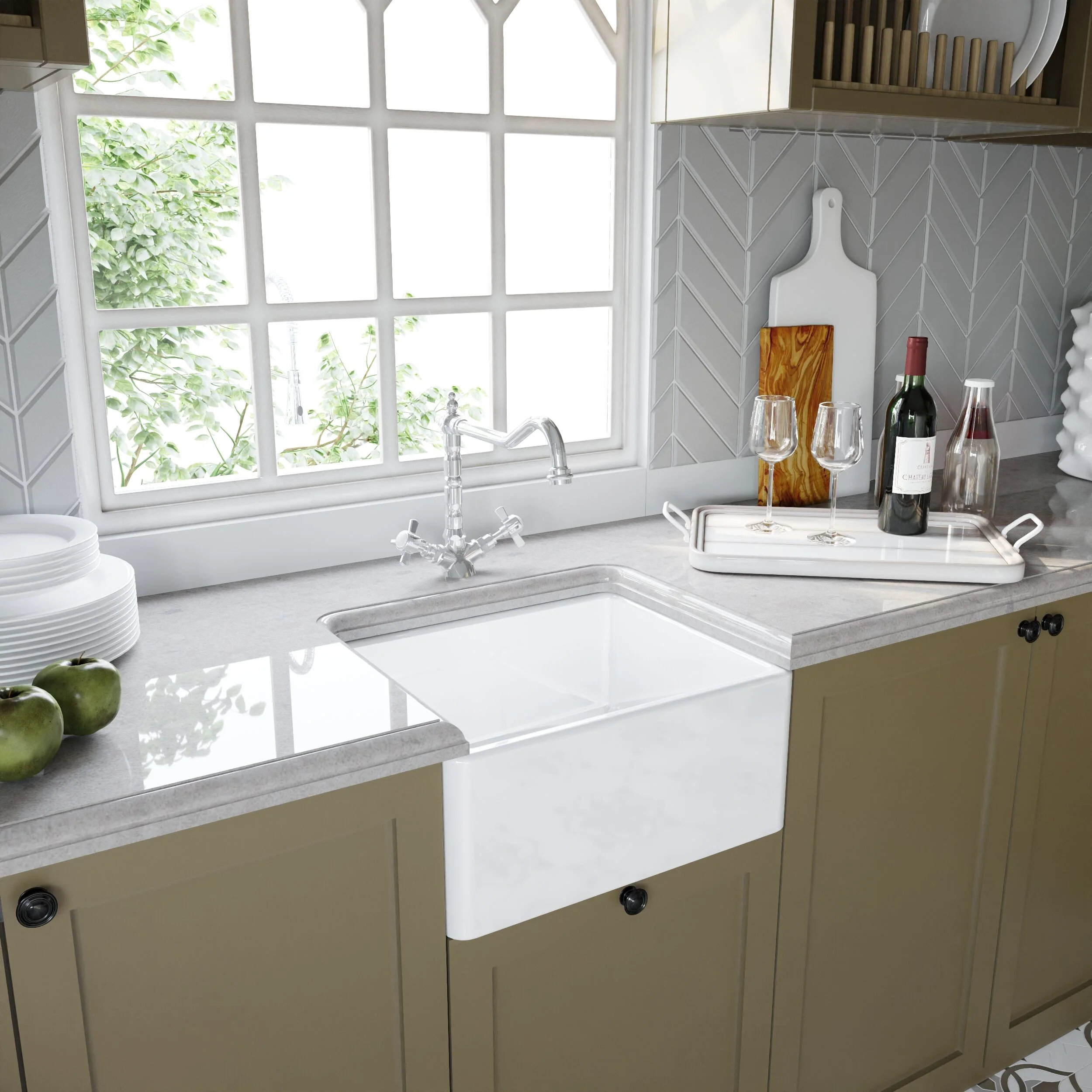 Single Bowl Fireclay Ceramic Belfast Sink Bundle with Overflow, French Mixer Tap & Strainer Waste - Image 4