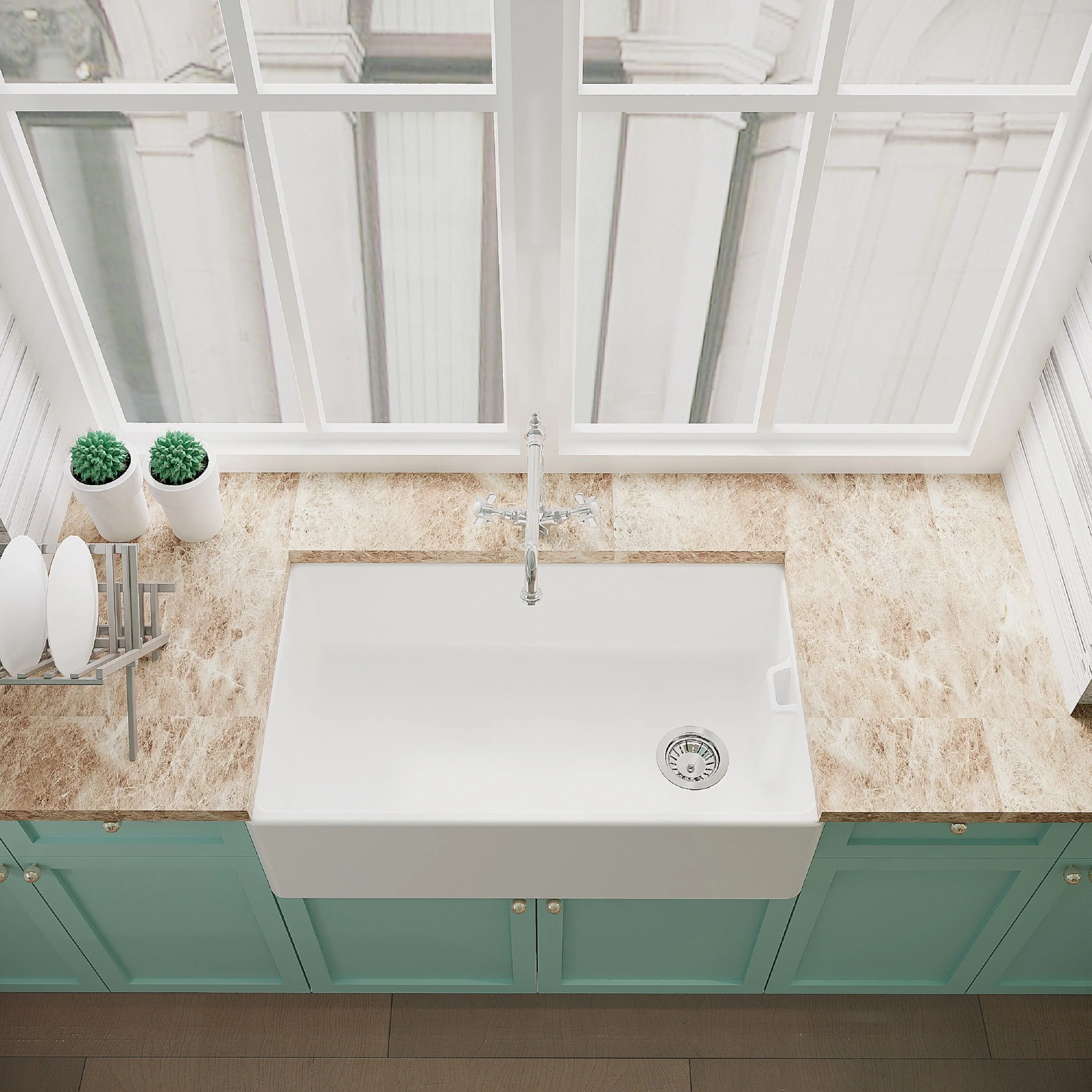 Traditional Fireclay Ceramic Kitchen Belfast Sink Bundle with Overflow, French Classic Tap & Waste - 795mm - Image 3