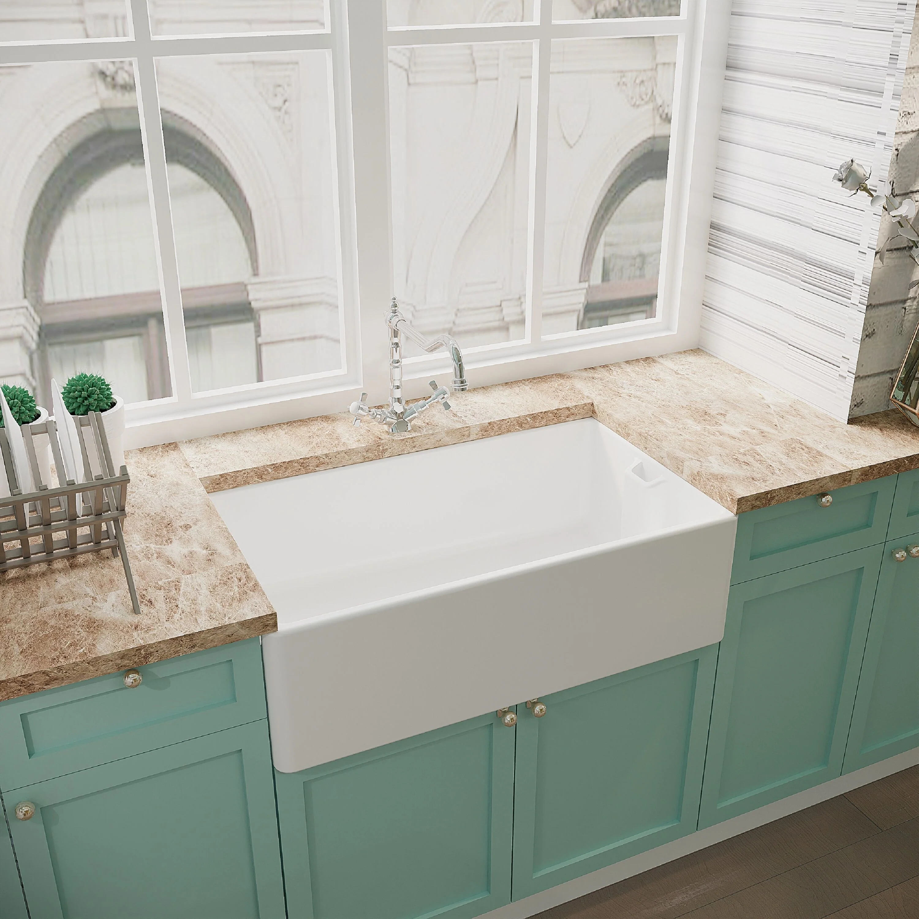 Traditional Fireclay Ceramic Kitchen Belfast Sink Bundle with Overflow, French Classic Tap & Waste - 795mm - Image 4