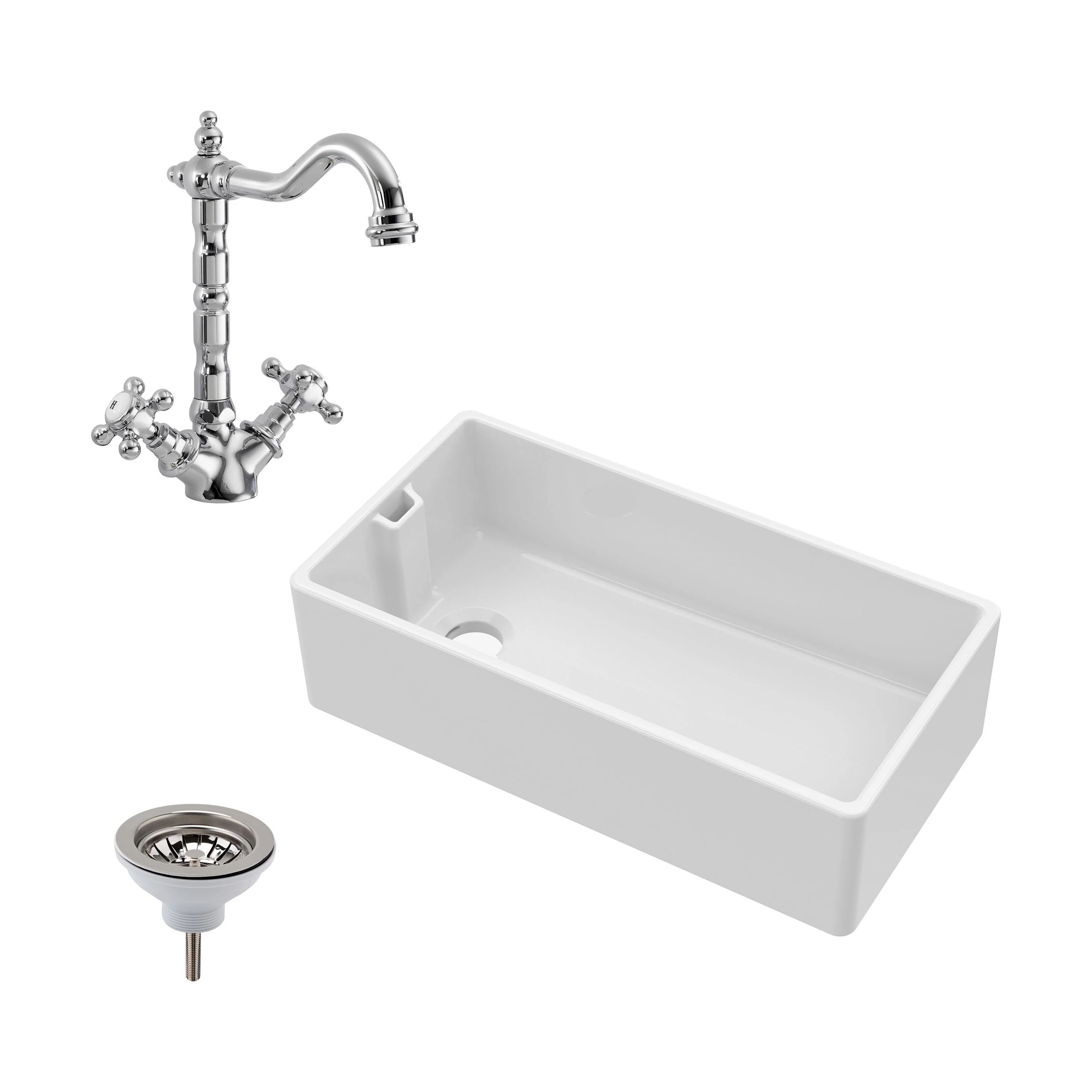 Traditional 90cm Fireclay Ceramic Belfast Kitchen Sink Bundle with French Classic Tap & Waste - 895mm