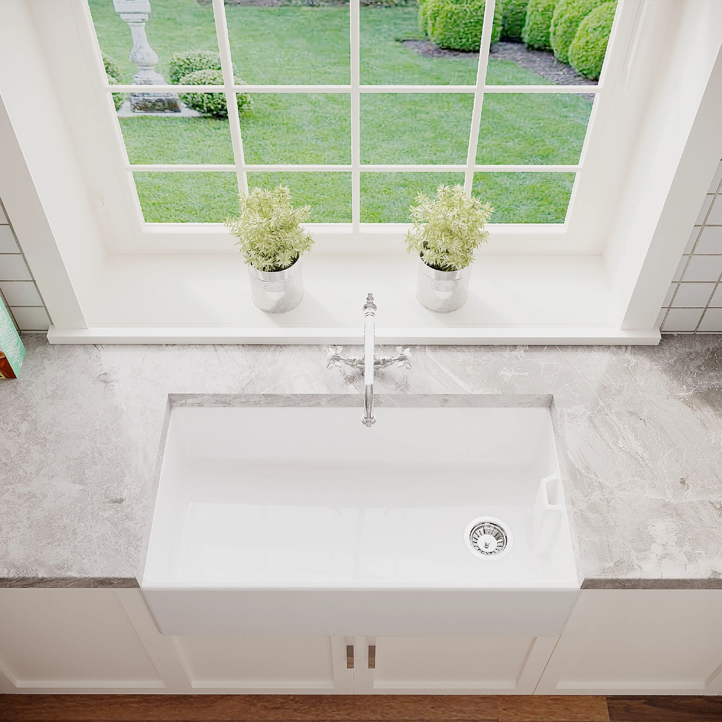 Traditional 90cm Fireclay Ceramic Belfast Kitchen Sink Bundle with French Classic Tap & Waste - 895mm - Image 3