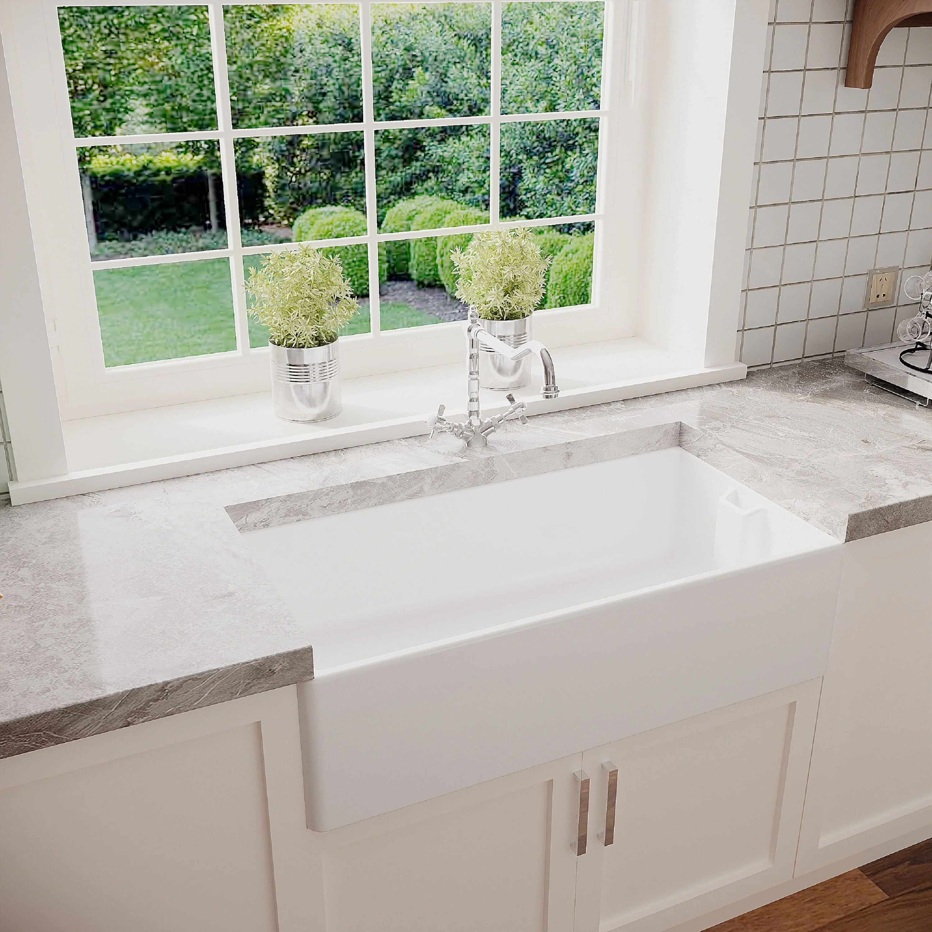 Traditional 90cm Fireclay Ceramic Belfast Kitchen Sink Bundle with French Classic Tap & Waste - 895mm - Image 4