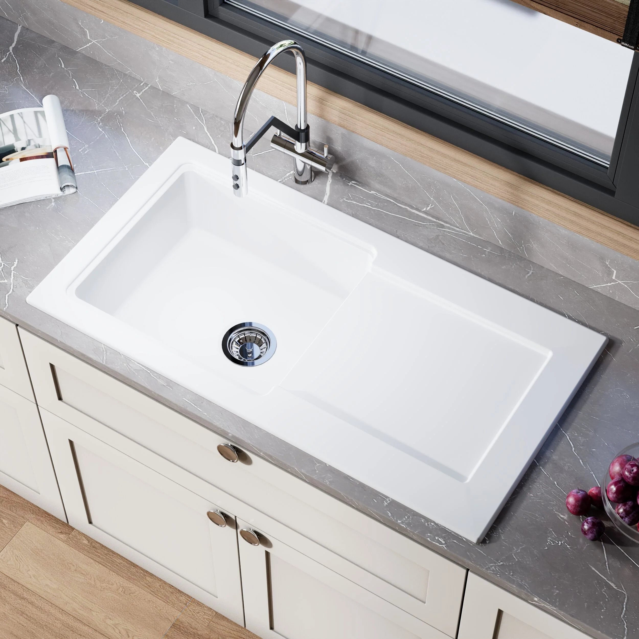 101cm Inset Counter Top Fireclay Ceramic Kitchen Sink - Multiple Options Available - Image 18