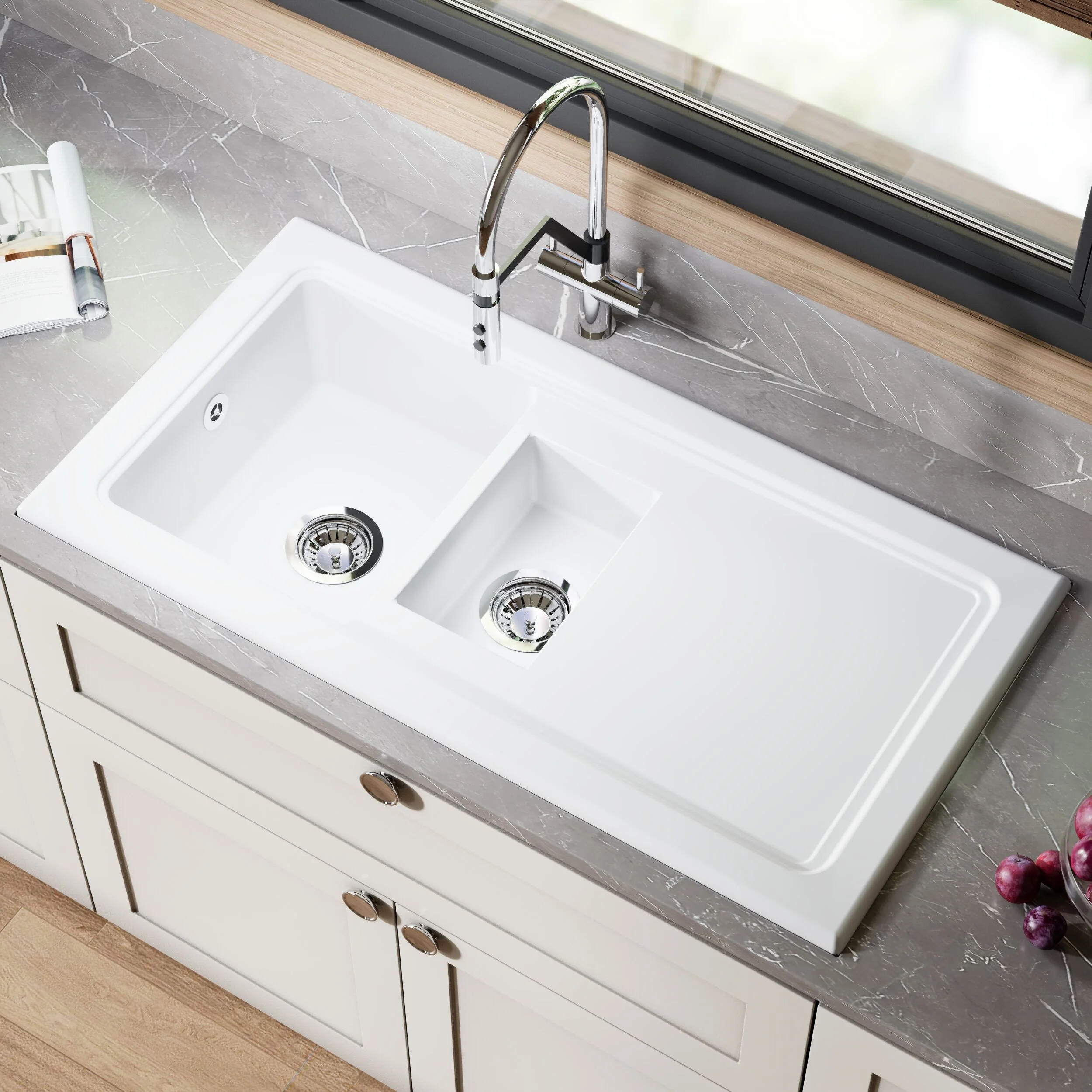 101cm Inset Counter Top Fireclay Ceramic Kitchen Sink - Multiple Options Available - Image 19