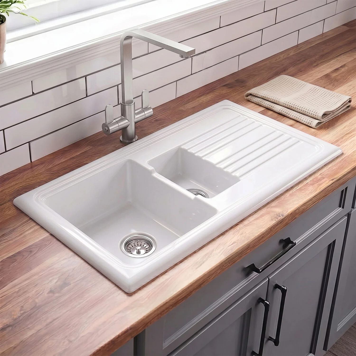 101cm Inset Counter Top Fireclay Ceramic Kitchen Sink - Multiple Options Available - Image 6