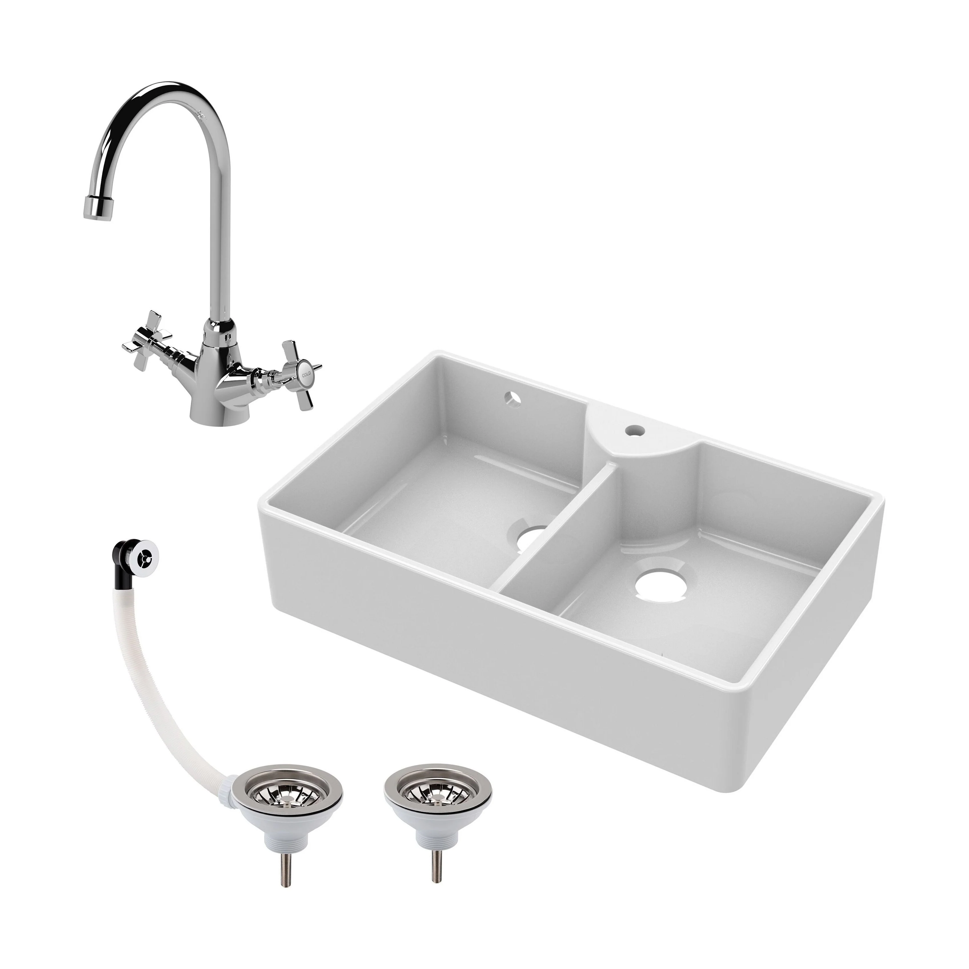 Traditional Double Bowl Fireclay Ceramic Butler Kitchen Sink Bundle with Overflow, Mixer Tap & Wastes - 895mm