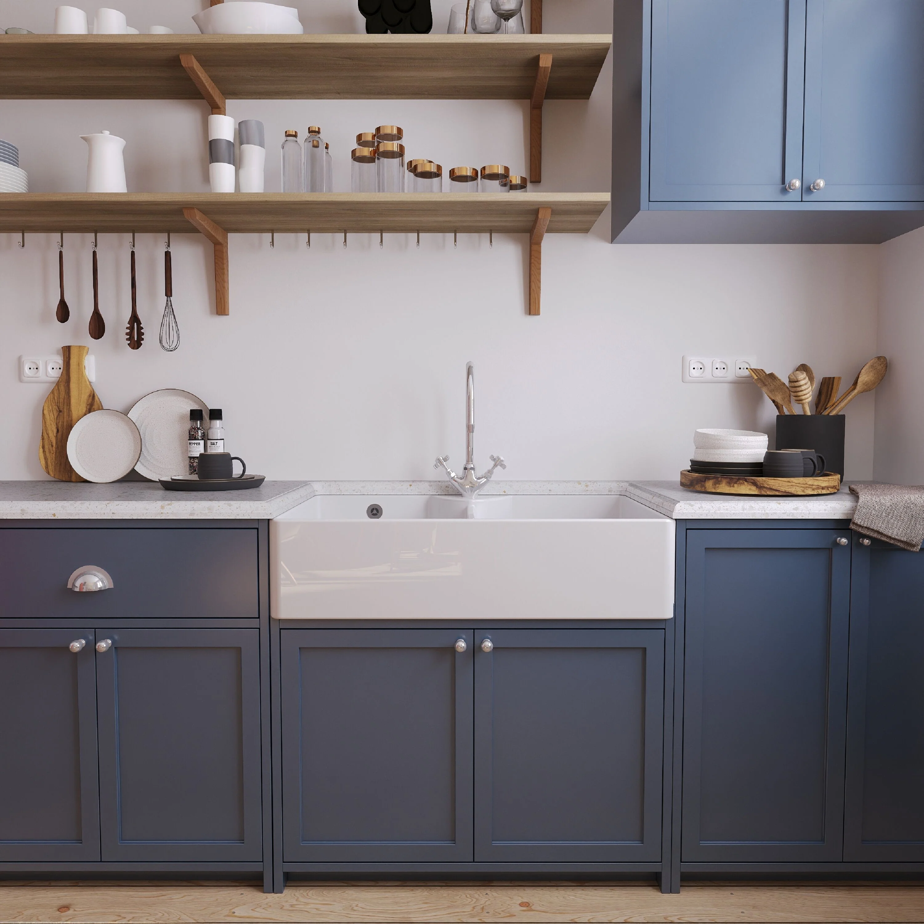 Traditional Double Bowl Fireclay Ceramic Butler Kitchen Sink Bundle with Overflow, Mixer Tap & Wastes - 895mm - Image 2